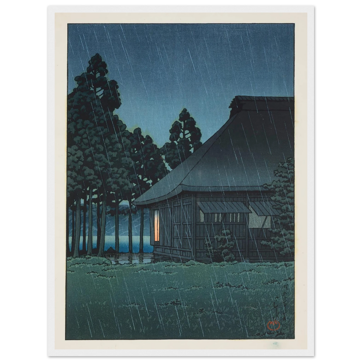 Evening rain at a lakeside tearoom (1935) Art Print | Kawase Hasui - Framed Poster - 30x40 cm / 12x16″ - Black frame