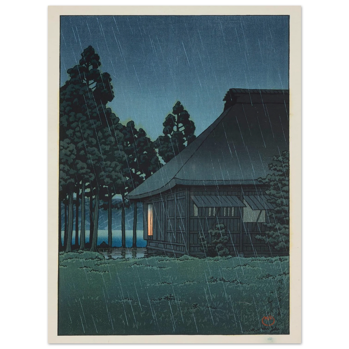 Evening rain at a lakeside tearoom (1935) Art Print | Kawase Hasui - Framed Poster - 30x40 cm / 12x16″ - Black frame