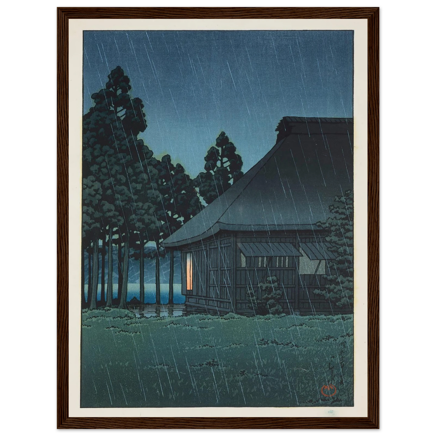 Evening rain at a lakeside tearoom (1935) Art Print | Kawase Hasui - Framed Poster - 30x40 cm / 12x16″ - Black frame