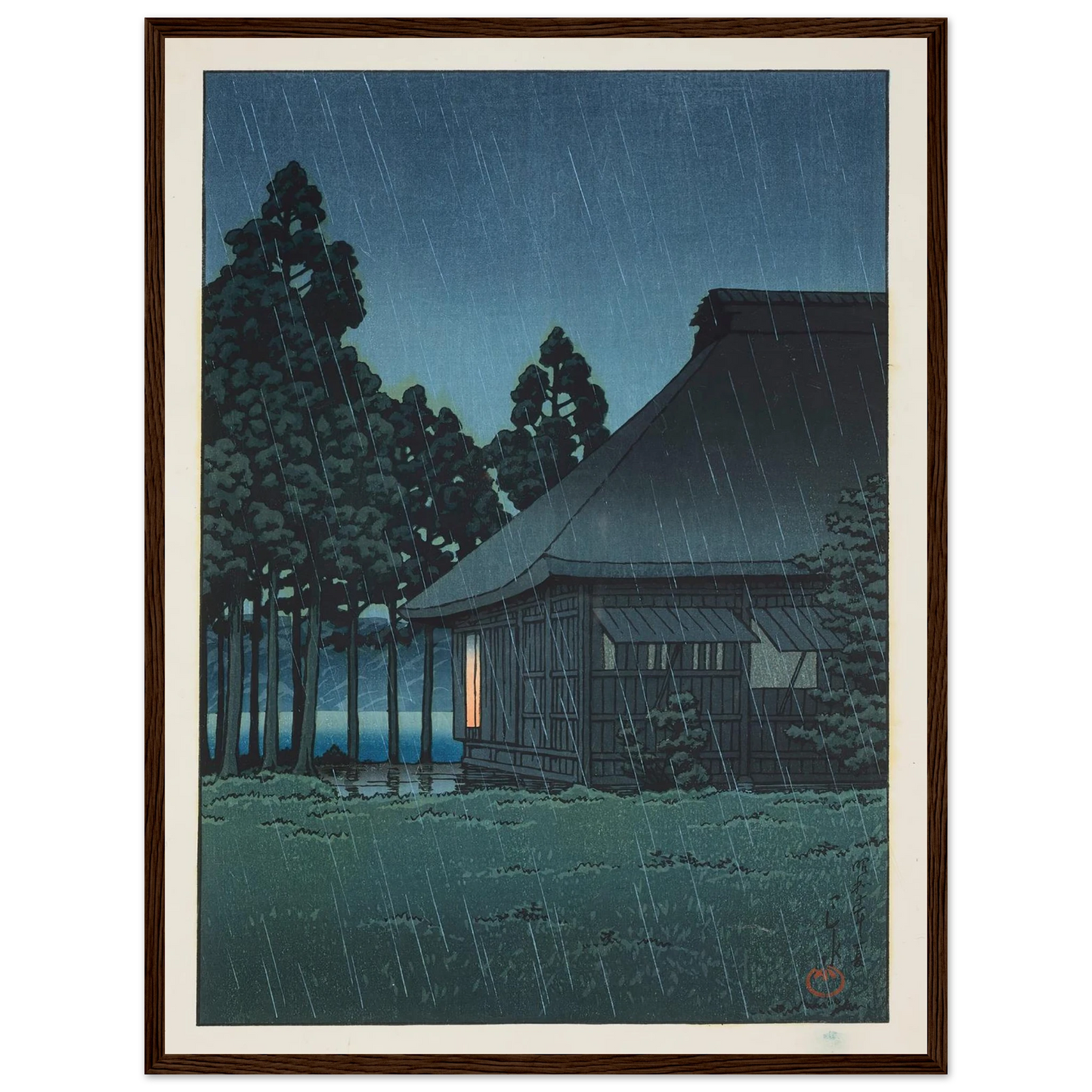 Evening rain at a lakeside tearoom (1935) Art Print | Kawase Hasui - Framed Poster - 30x40 cm / 12x16″ - Black frame