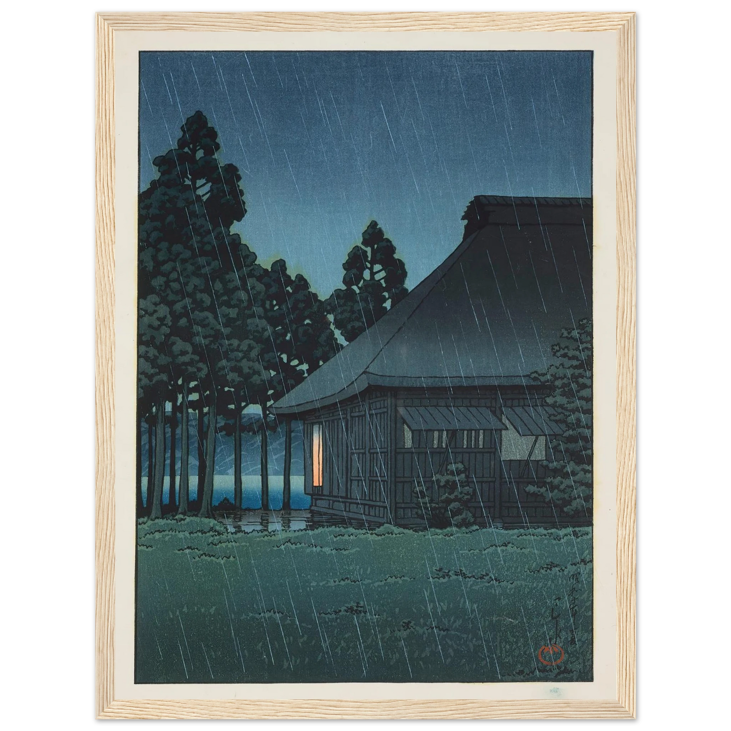 Evening rain at a lakeside tearoom (1935) Art Print | Kawase Hasui - Framed Poster - 30x40 cm / 12x16″ - Black frame