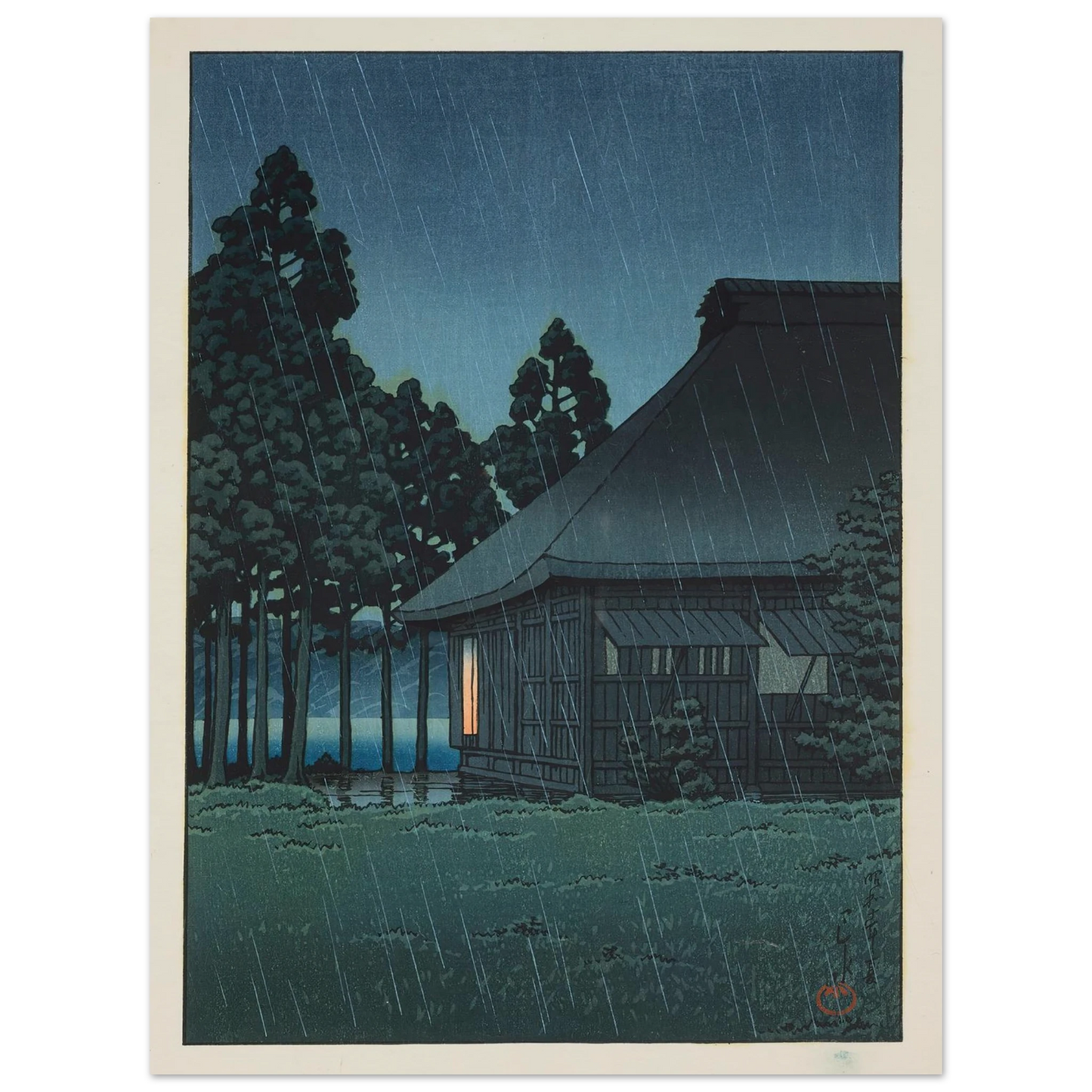 Evening rain at a lakeside tearoom (1935) Art Print | Kawase Hasui - Framed Poster - 30x40 cm / 12x16″ - Black frame