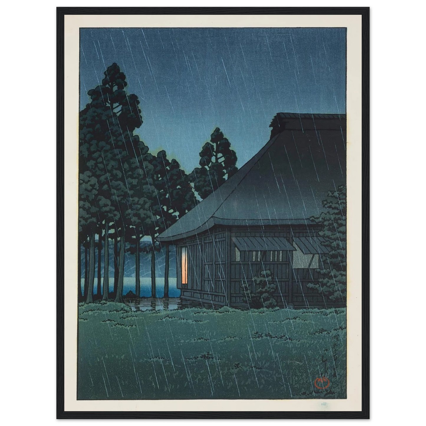 Evening rain at a lakeside tearoom (1935) Art Print | Kawase Hasui - Framed Poster - 30x40 cm / 12x16″ - Black frame