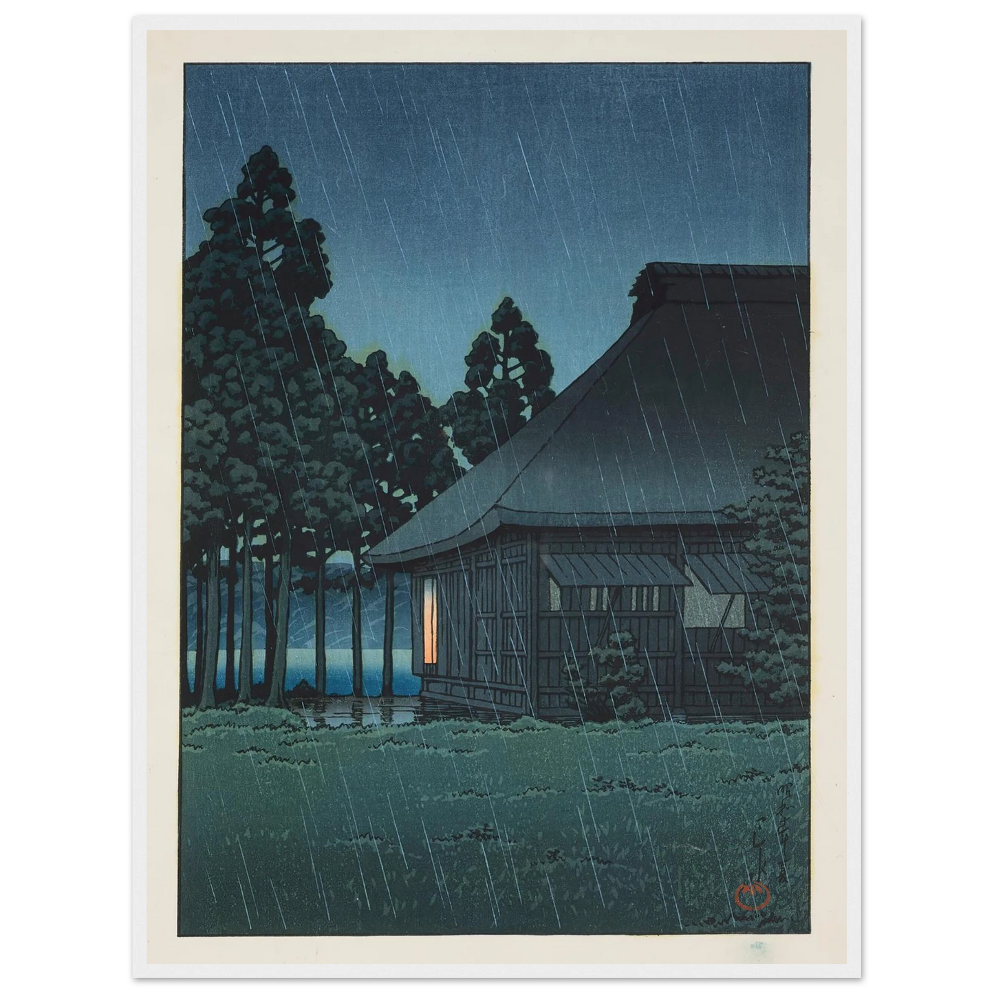 Evening rain at a lakeside tearoom (1935) Art Print | Kawase Hasui - Framed Poster - 30x40 cm / 12x16″ - Black frame