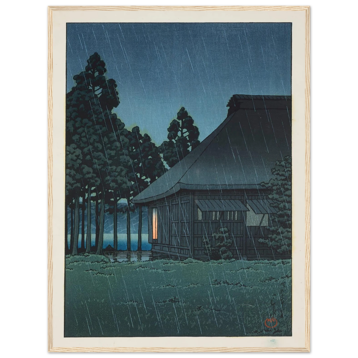 Evening rain at a lakeside tearoom (1935) Art Print | Kawase Hasui - Framed Poster - 30x40 cm / 12x16″ - Black frame