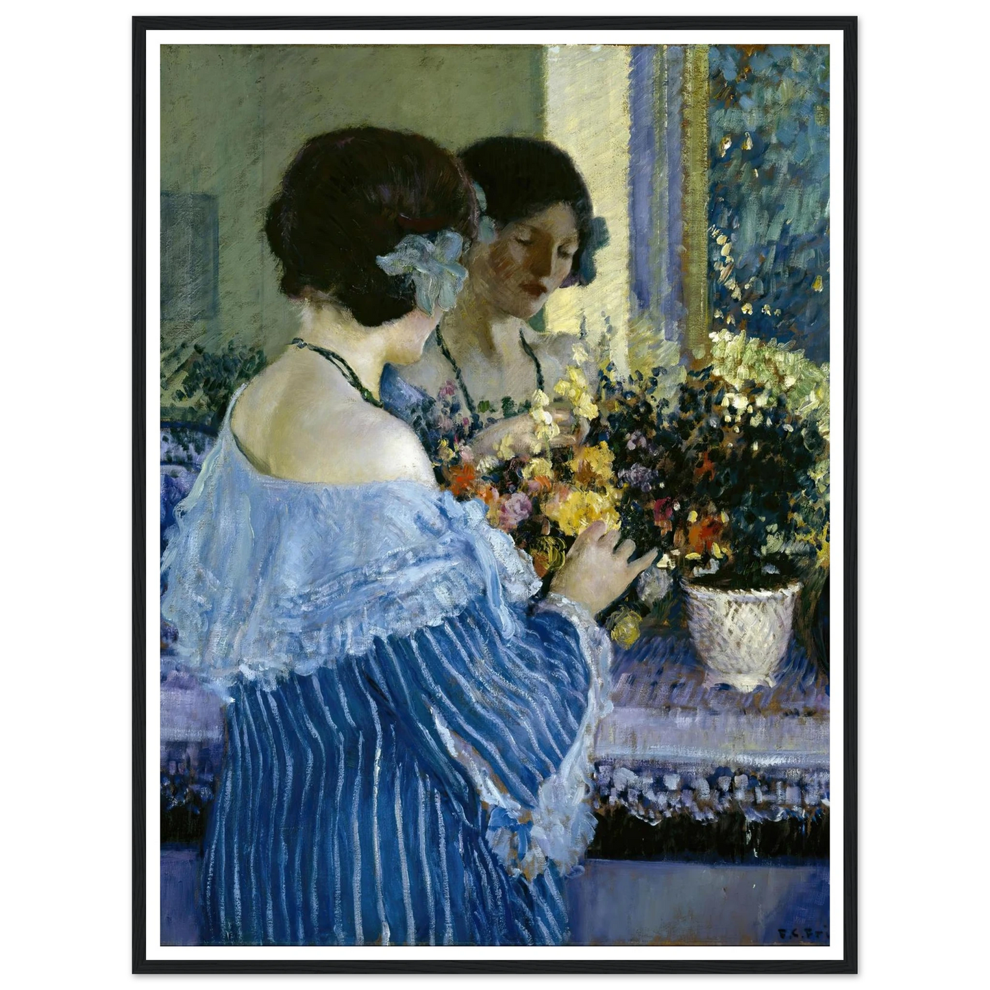 Girl in Blue Arranging Flowers (1915) Art Print | Frederick Carl Frieseke-Quipham Collections