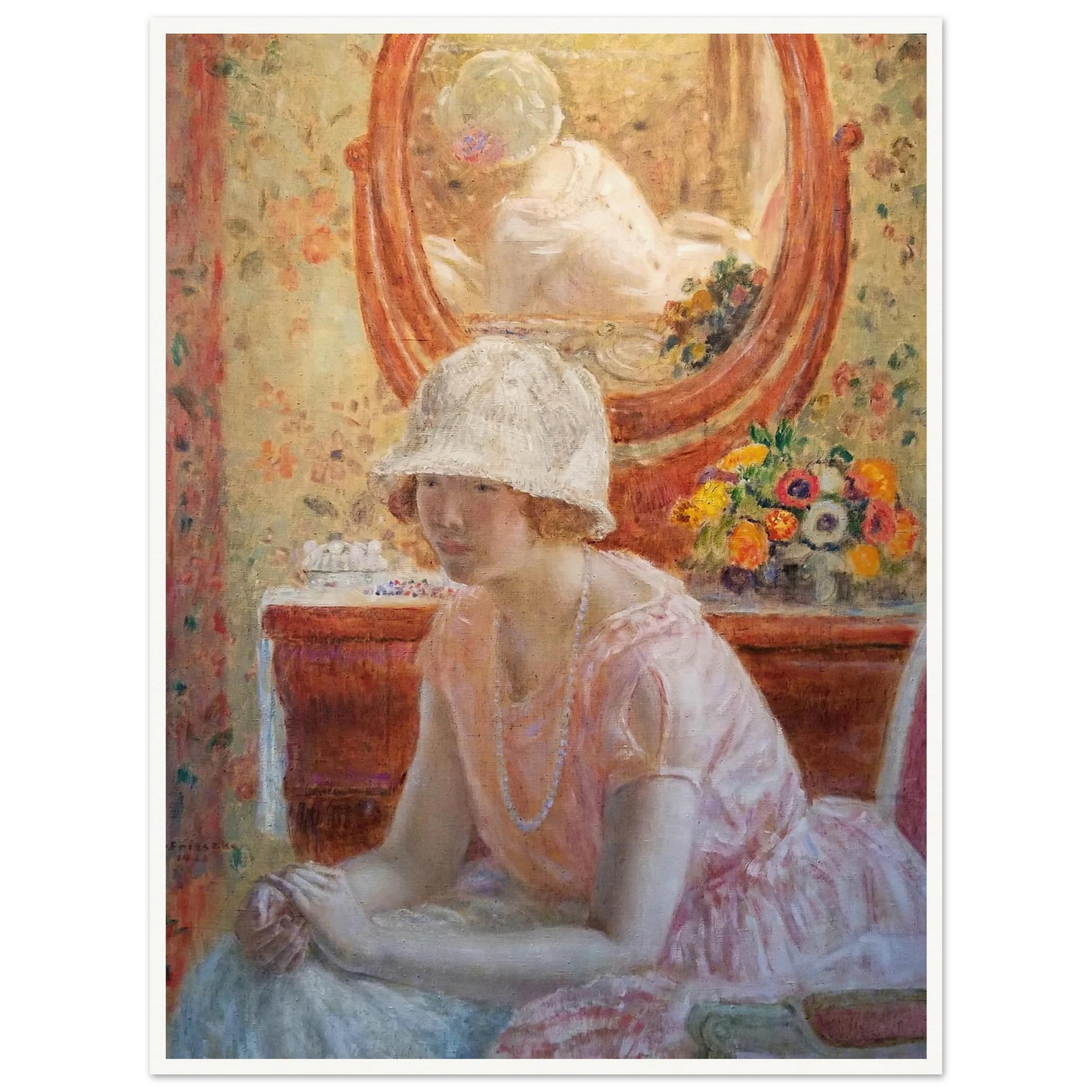 Young Girl Before a Mirror in a Pink Dress (1923) Art Print | Frederick Carl Frieseke-Quipham Collections