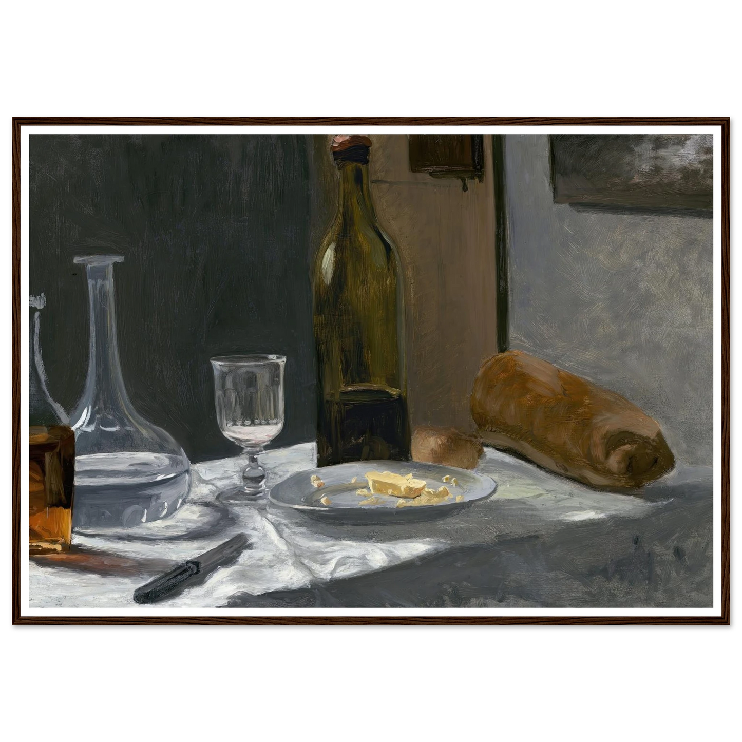 Still Life with Bottle,Carafe Bread and Wine (c. 1862-1863) Art Print | Claude Monet-Quipham Collections