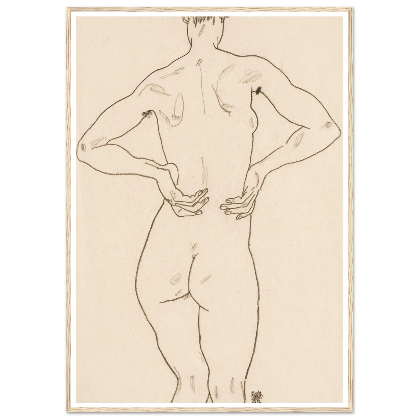 Weiblicher Rückenakt, die Hände auf der Hüfte Art Print | Egon Schiele-Quipham Collections