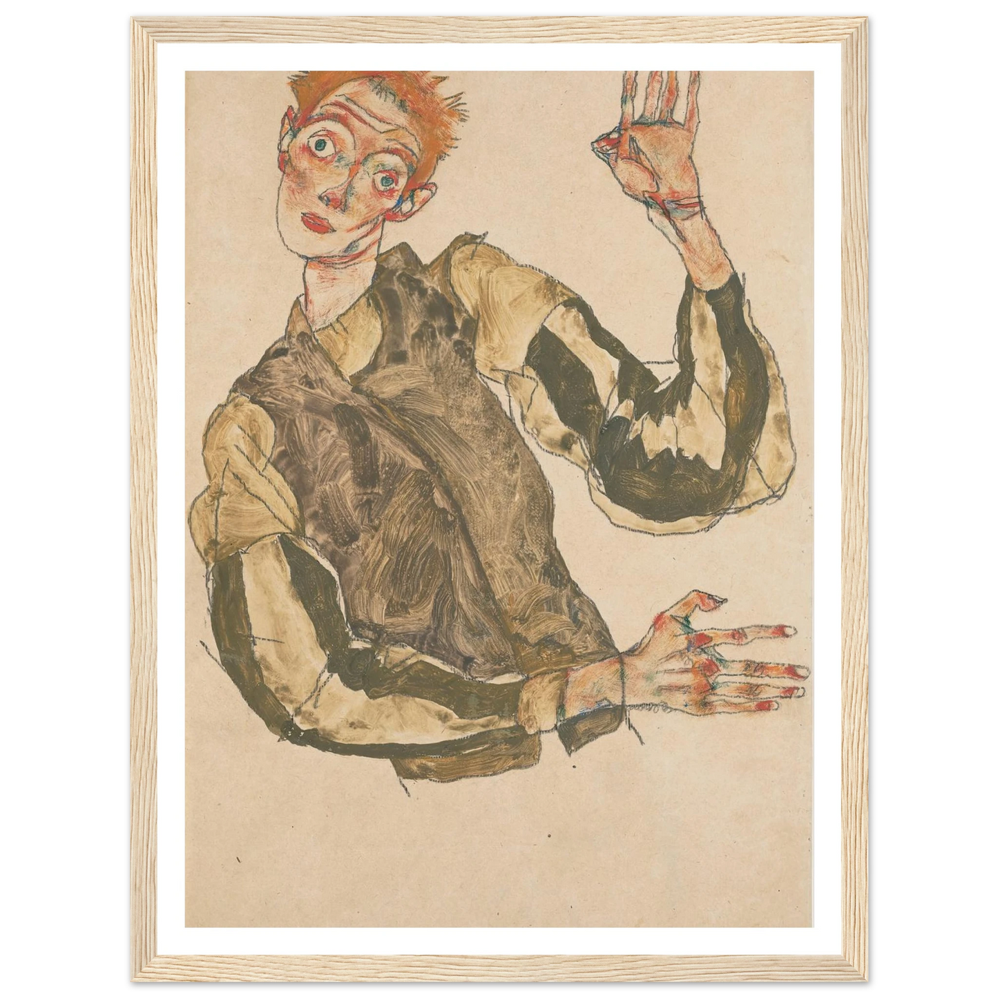Self-Portrait with Striped Sleeves (1915) Art Print | Egon Schiele-Quipham Collections