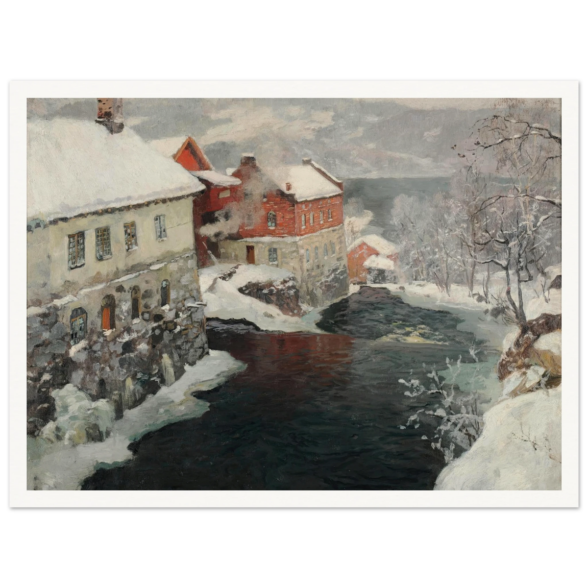 Fabriques en Norvège, les deux moulins sur la rivière Mesma (ca 1905) Art Print | Frits Thaulow - Framed Poster - 30x40 cm / 12x16″ - Black frame
