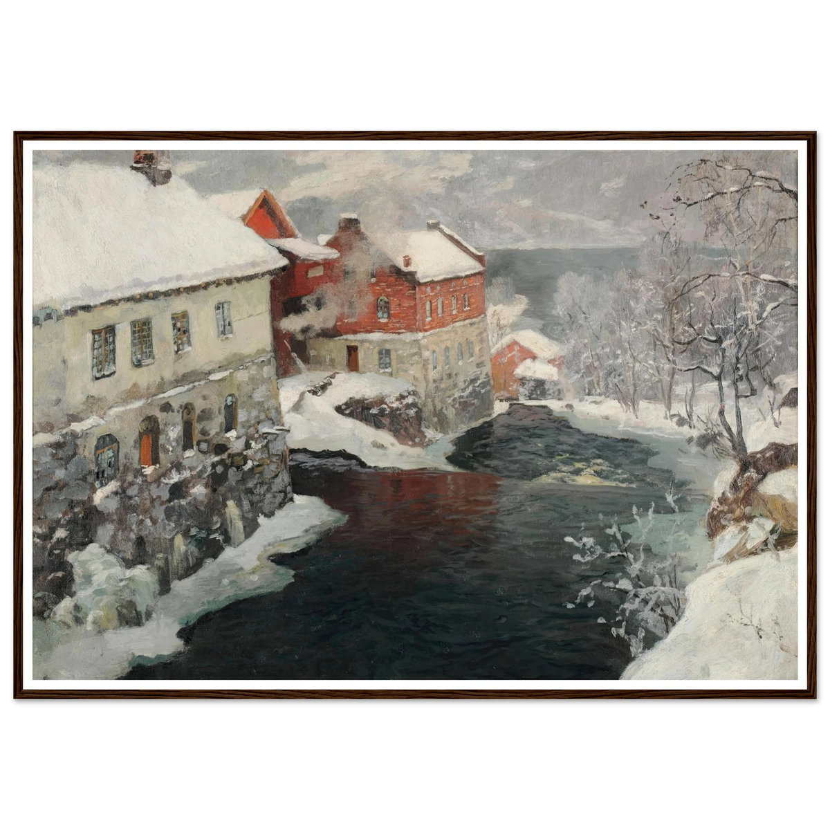 Fabriques en Norvège, les deux moulins sur la rivière Mesma (ca 1905) Art Print | Frits Thaulow - Framed Poster - 30x40 cm / 12x16″ - Black frame