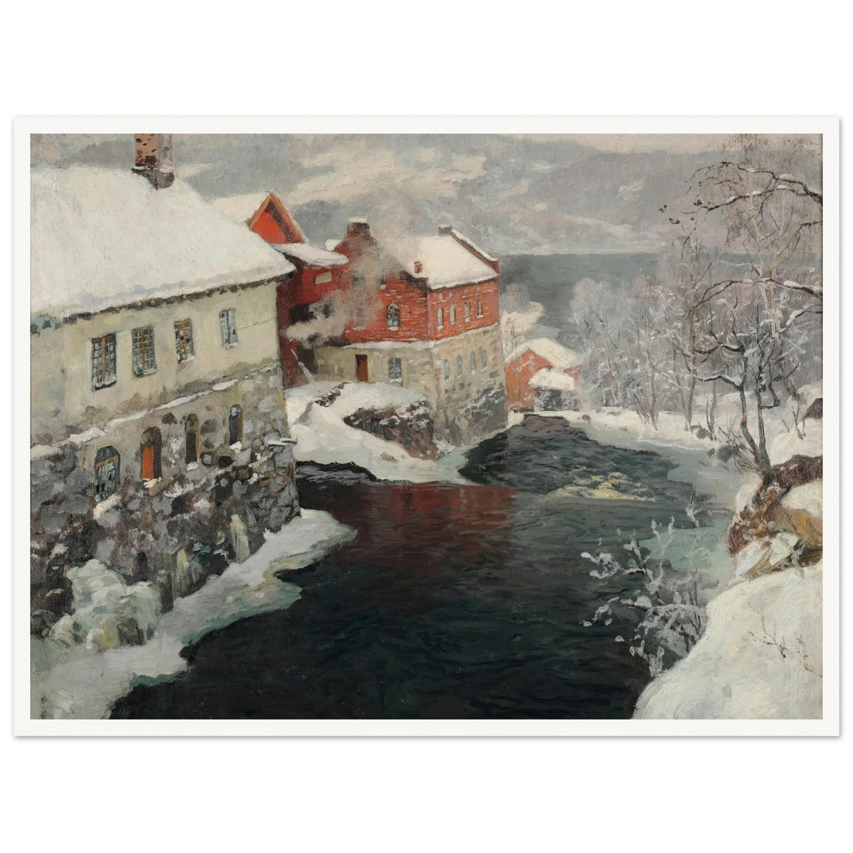 Fabriques en Norvège, les deux moulins sur la rivière Mesma (ca 1905) Art Print | Frits Thaulow - Framed Poster - 30x40 cm / 12x16″ - Black frame