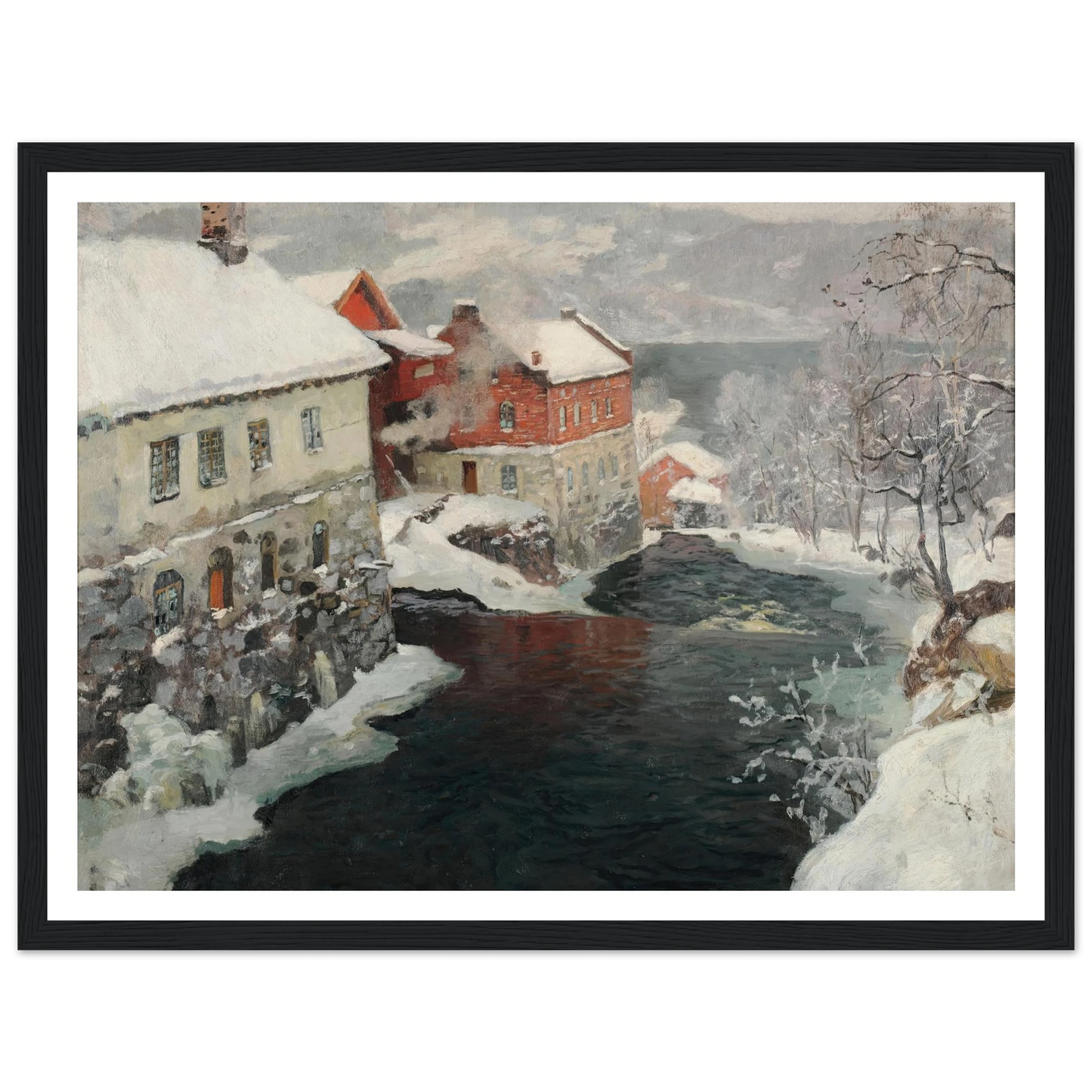 Fabriques en Norvège, les deux moulins sur la rivière Mesma (ca 1905) Art Print | Frits Thaulow - Framed Poster - 30x40 cm / 12x16″ - Black frame