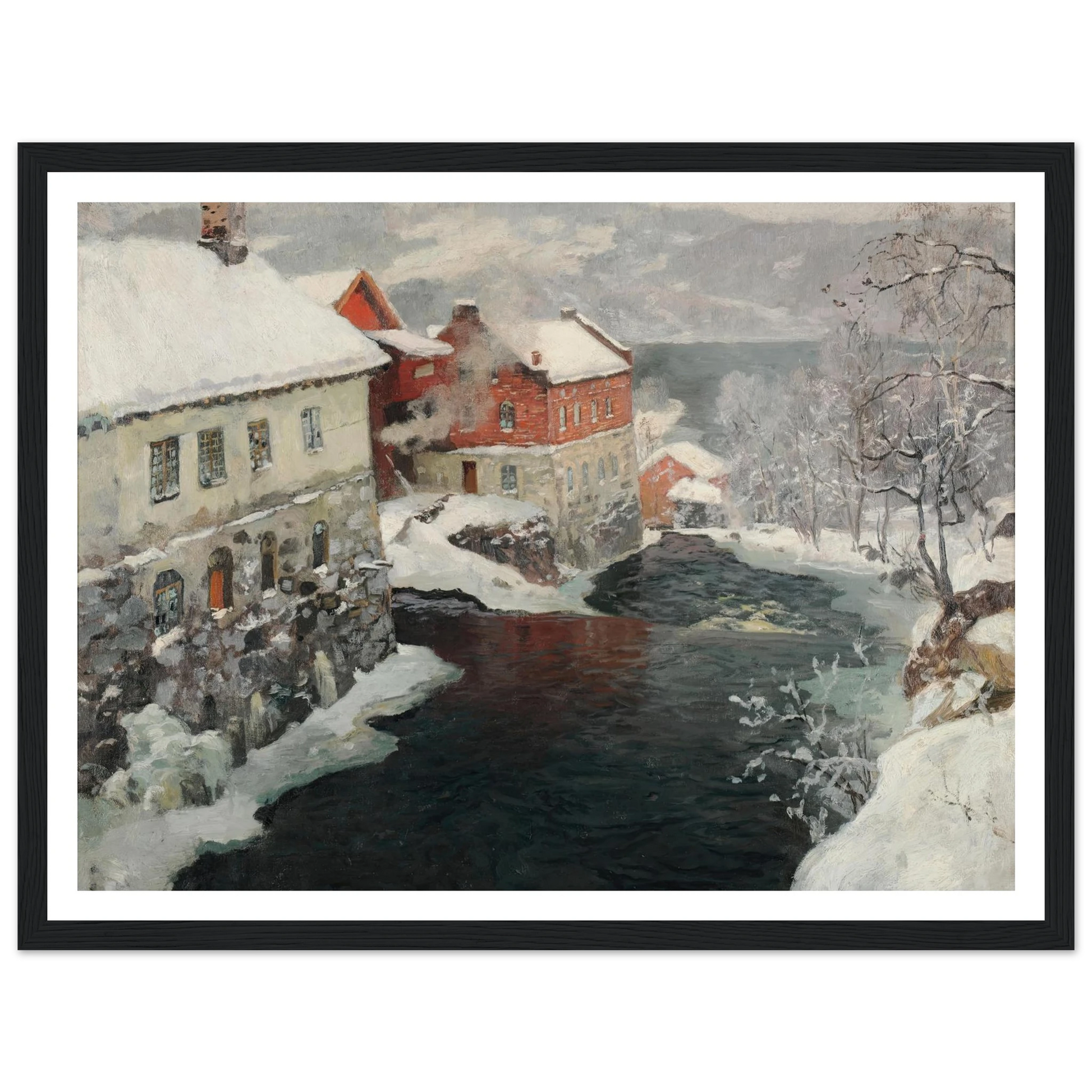 Fabriques en Norvège, les deux moulins sur la rivière Mesma (ca 1905) Art Print | Frits Thaulow - Framed Poster - 30x40 cm / 12x16″ - Black frame