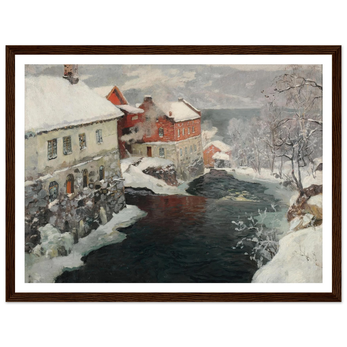 Fabriques en Norvège, les deux moulins sur la rivière Mesma (ca 1905) Art Print | Frits Thaulow - Framed Poster - 30x40 cm / 12x16″ - Black frame