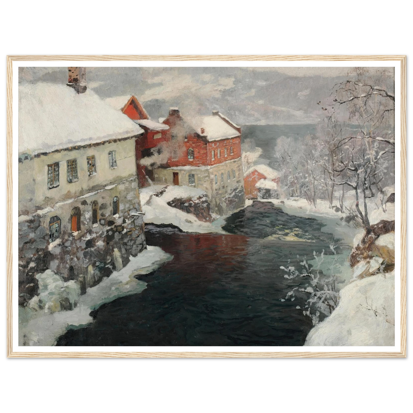 Fabriques en Norvège, les deux moulins sur la rivière Mesma (ca 1905) Art Print | Frits Thaulow - Framed Poster - 30x40 cm / 12x16″ - Black frame