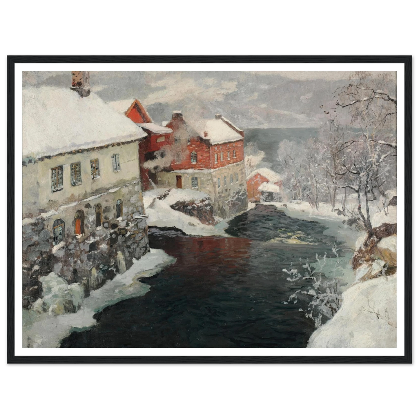Fabriques en Norvège, les deux moulins sur la rivière Mesma (ca 1905) Art Print | Frits Thaulow - Framed Poster - 30x40 cm / 12x16″ - Black frame