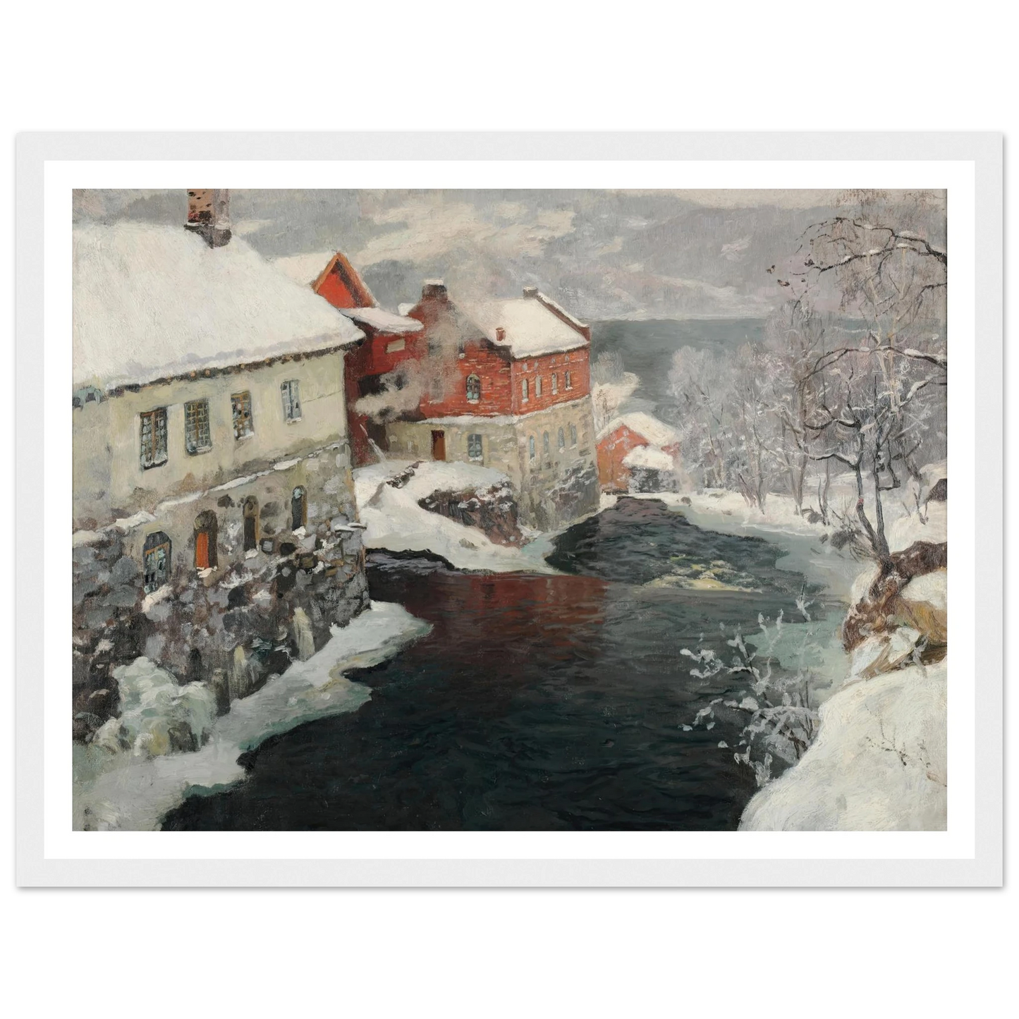 Fabriques en Norvège, les deux moulins sur la rivière Mesma (ca 1905) Art Print | Frits Thaulow - Framed Poster - 30x40 cm / 12x16″ - Black frame
