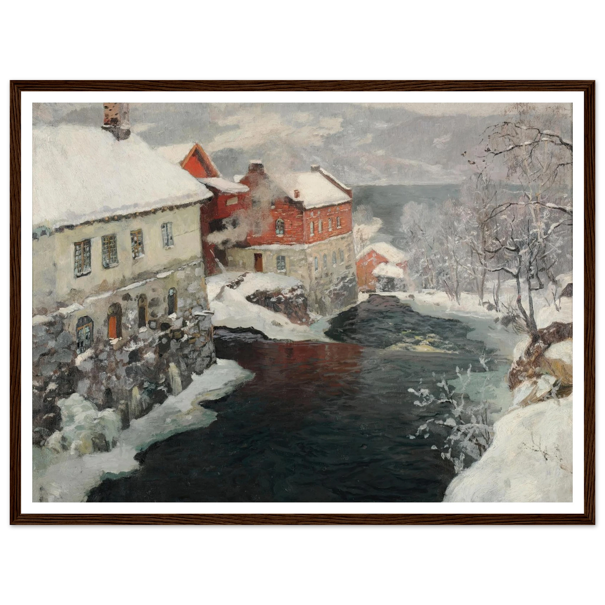 Fabriques en Norvège, les deux moulins sur la rivière Mesma (ca 1905) Art Print | Frits Thaulow - Framed Poster - 30x40 cm / 12x16″ - Black frame