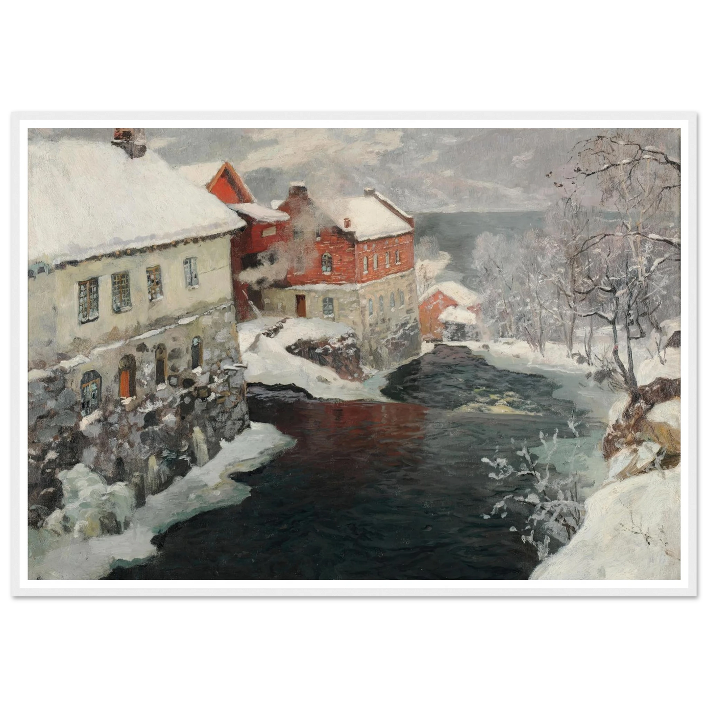 Fabriques en Norvège, les deux moulins sur la rivière Mesma (ca 1905) Art Print | Frits Thaulow - Framed Poster - 30x40 cm / 12x16″ - Black frame