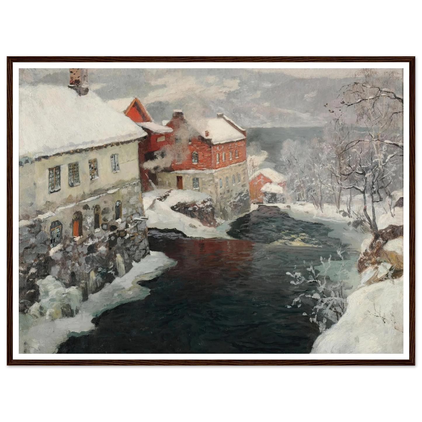 Fabriques en Norvège, les deux moulins sur la rivière Mesma (ca 1905) Art Print | Frits Thaulow - Framed Poster - 30x40 cm / 12x16″ - Black frame