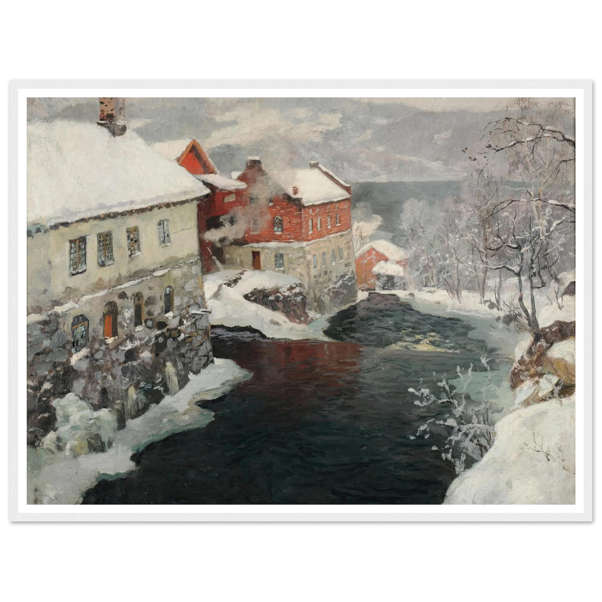 Fabriques en Norvège, les deux moulins sur la rivière Mesma (ca 1905) Art Print | Frits Thaulow - Framed Poster - 30x40 cm / 12x16″ - Black frame