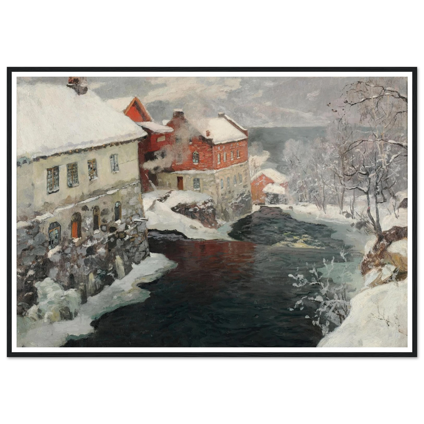 Fabriques en Norvège, les deux moulins sur la rivière Mesma (ca 1905) Art Print | Frits Thaulow - Framed Poster - 30x40 cm / 12x16″ - Black frame