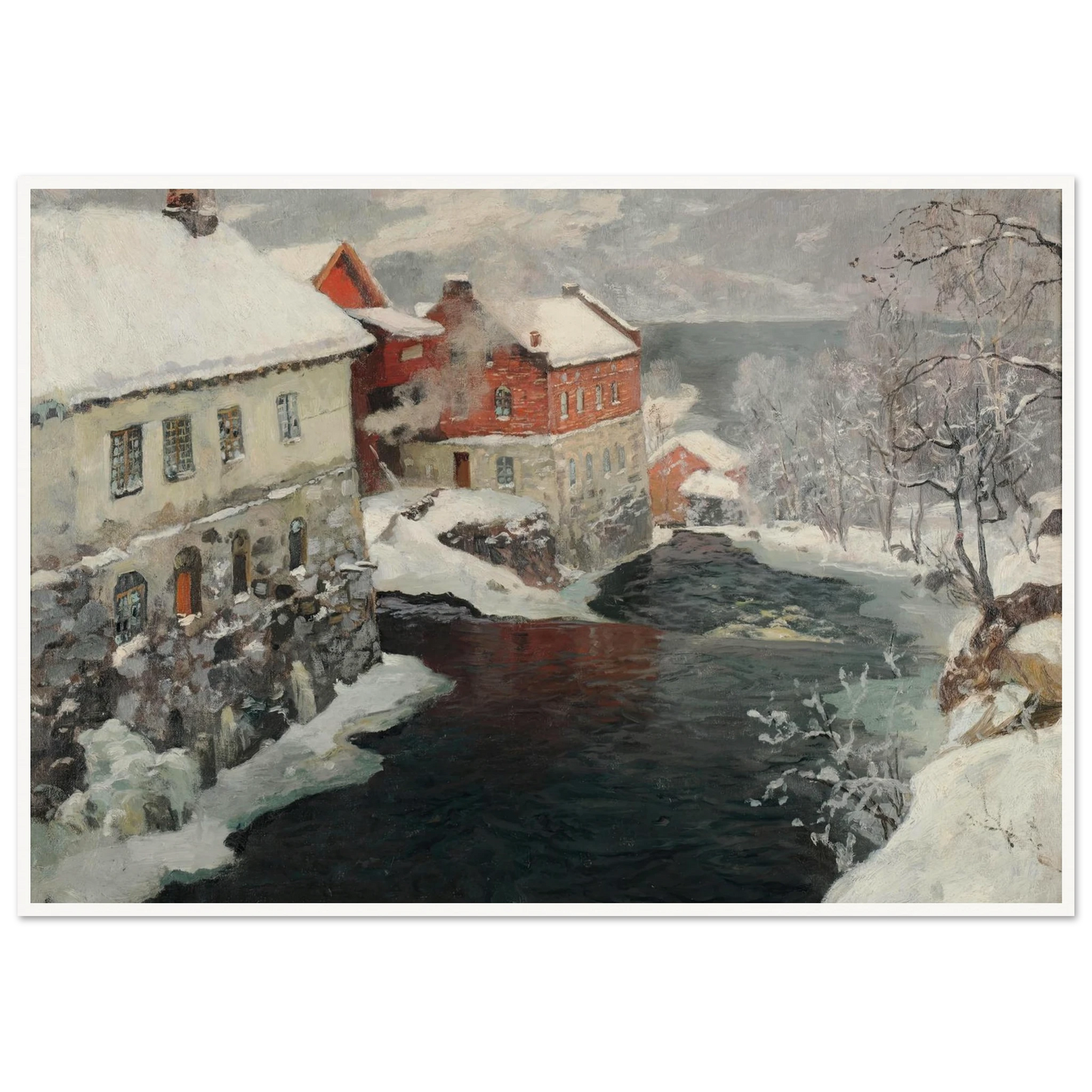 Fabriques en Norvège, les deux moulins sur la rivière Mesma (ca 1905) Art Print | Frits Thaulow - Framed Poster - 30x40 cm / 12x16″ - Black frame