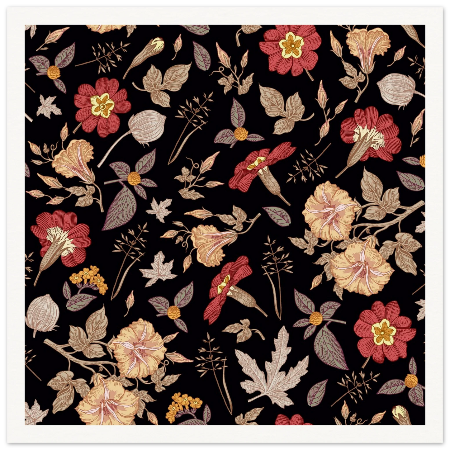 Faded Crimson Dark Vine Art Print | William Morris Inspired - Framed Poster - 30x30 cm / 12x12″ - Black frame