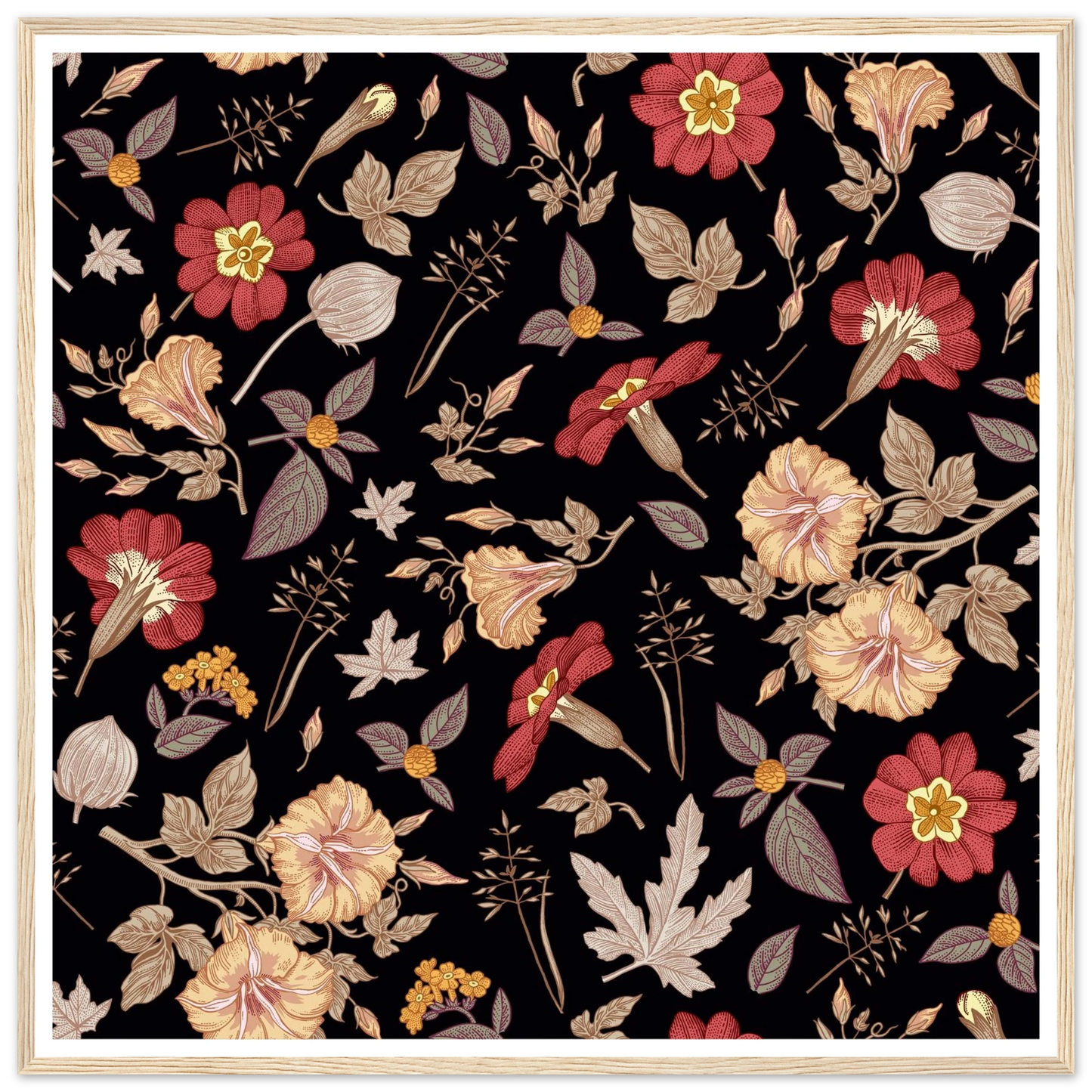 Faded Crimson Dark Vine Art Print | William Morris Inspired - Framed Poster - 30x30 cm / 12x12″ - Black frame