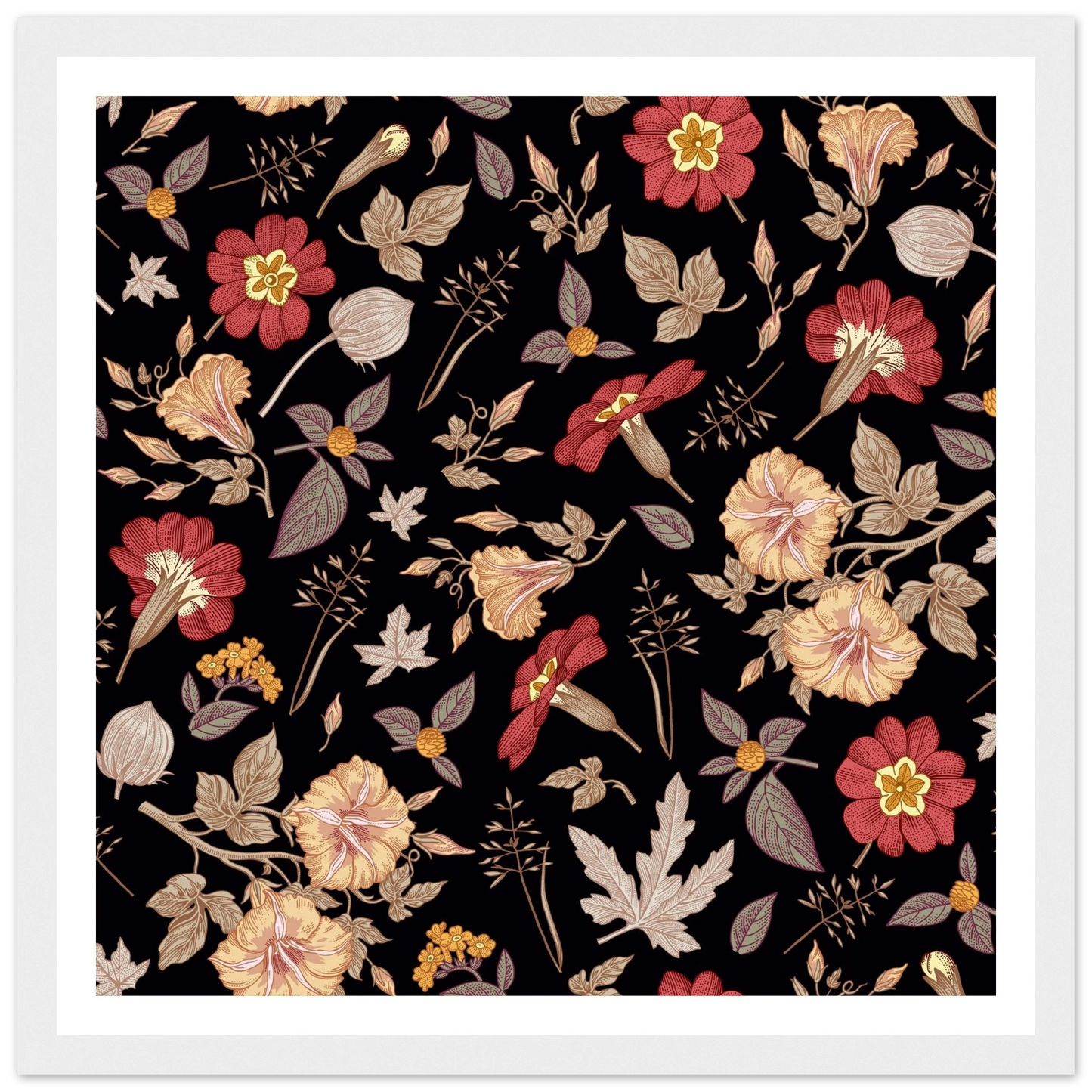 Faded Crimson Dark Vine Art Print | William Morris Inspired - Framed Poster - 30x30 cm / 12x12″ - Black frame