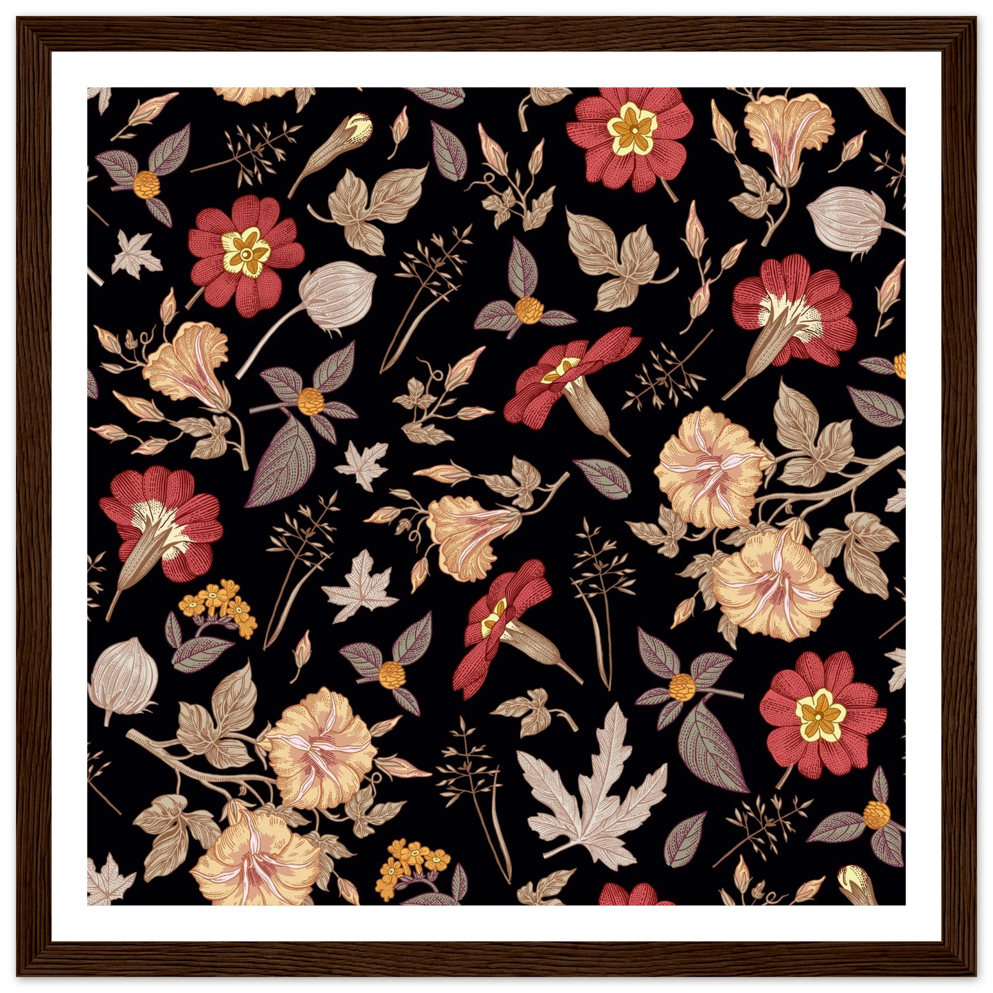 Faded Crimson Dark Vine Art Print | William Morris Inspired - Framed Poster - 30x30 cm / 12x12″ - Black frame