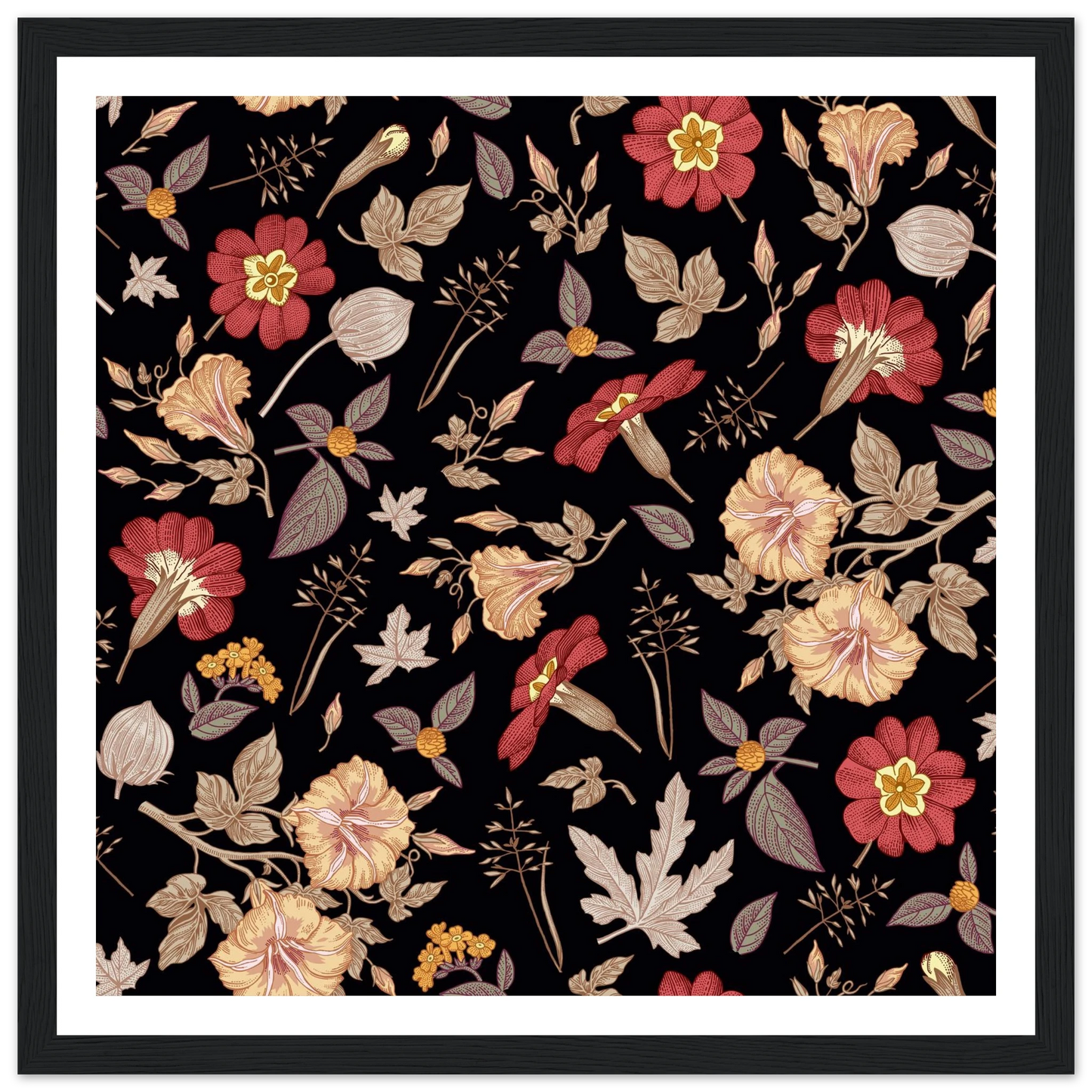 Faded Crimson Dark Vine Art Print | William Morris Inspired - Framed Poster - 30x30 cm / 12x12″ - Black frame