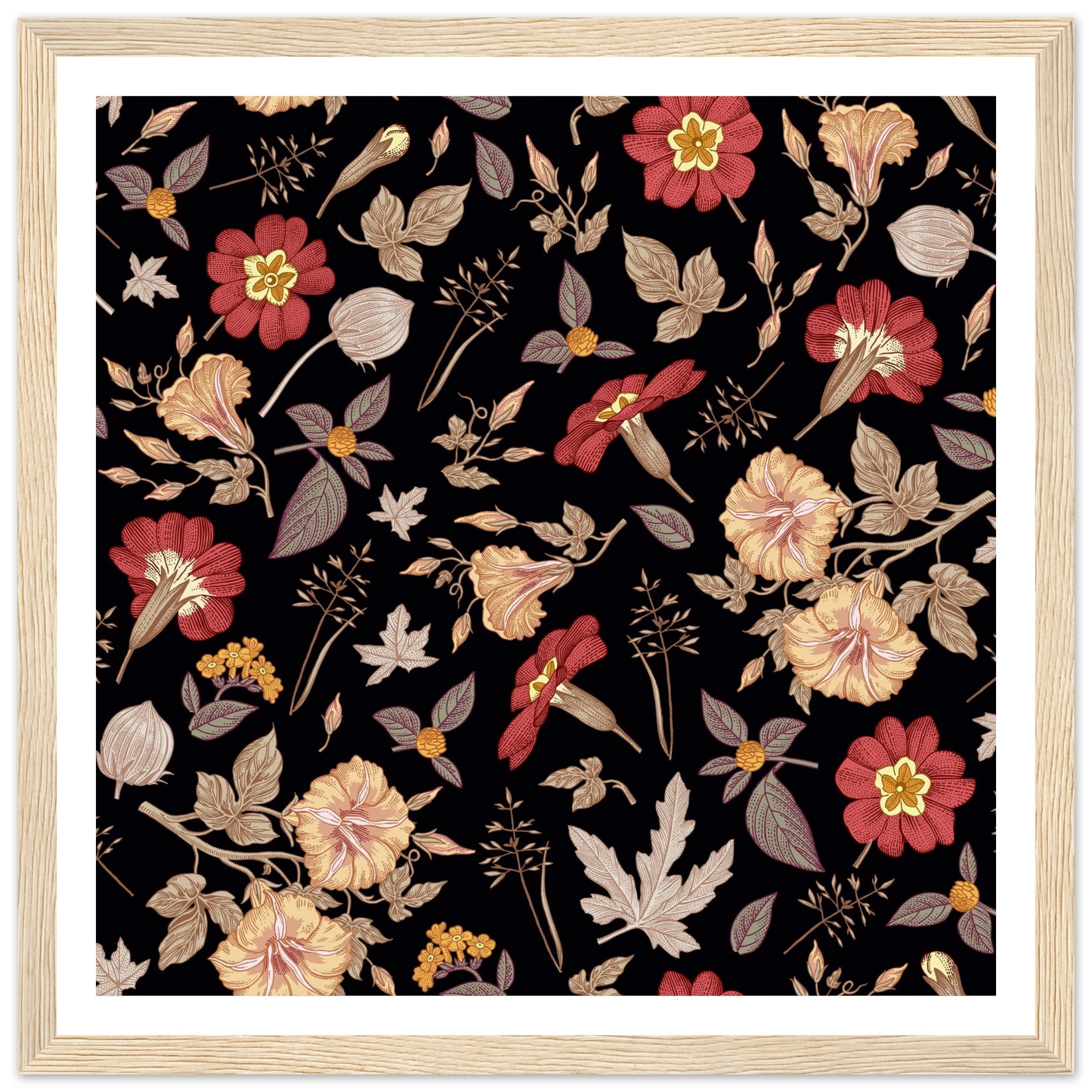 Faded Crimson Dark Vine Art Print | William Morris Inspired - Framed Poster - 30x30 cm / 12x12″ - Black frame