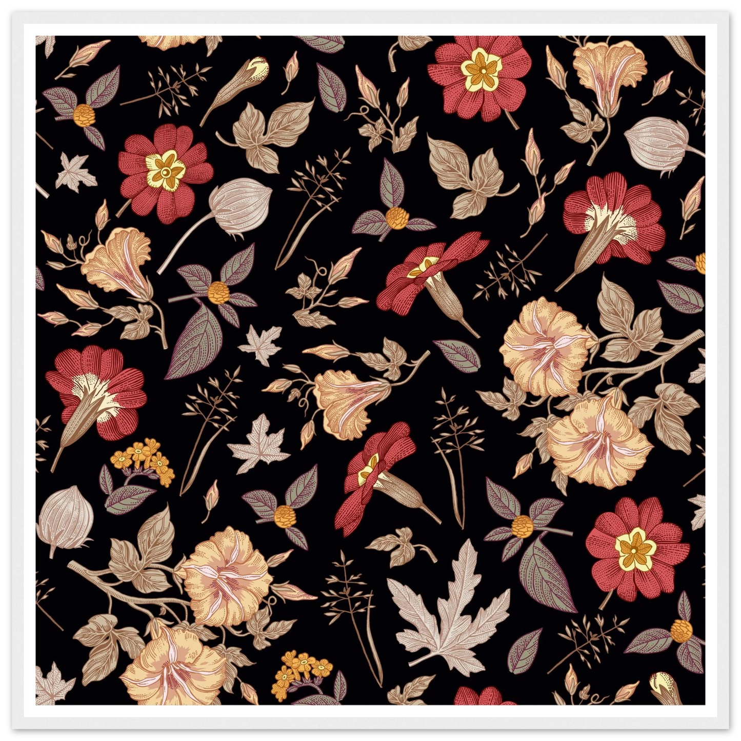 Faded Crimson Dark Vine Art Print | William Morris Inspired - Framed Poster - 30x30 cm / 12x12″ - Black frame