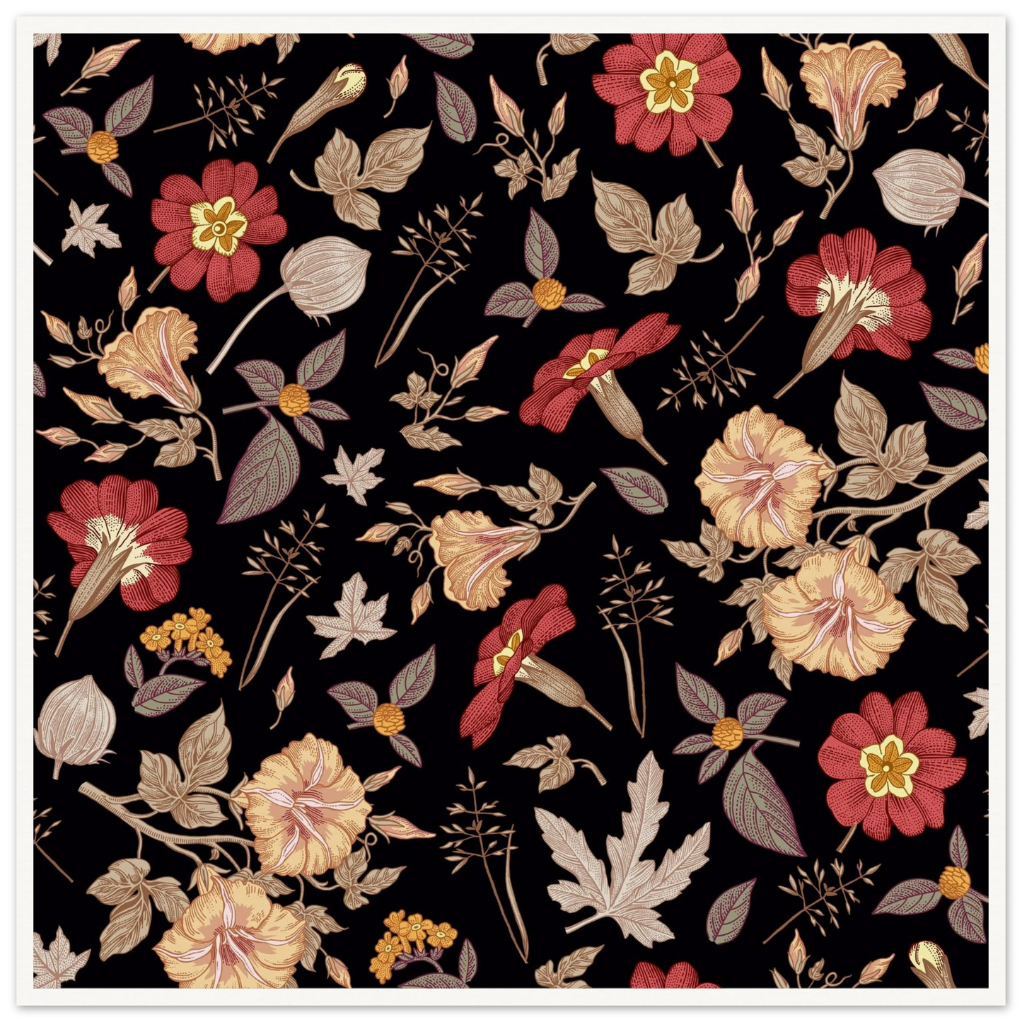 Faded Crimson Dark Vine Art Print | William Morris Inspired - Framed Poster - 30x30 cm / 12x12″ - Black frame