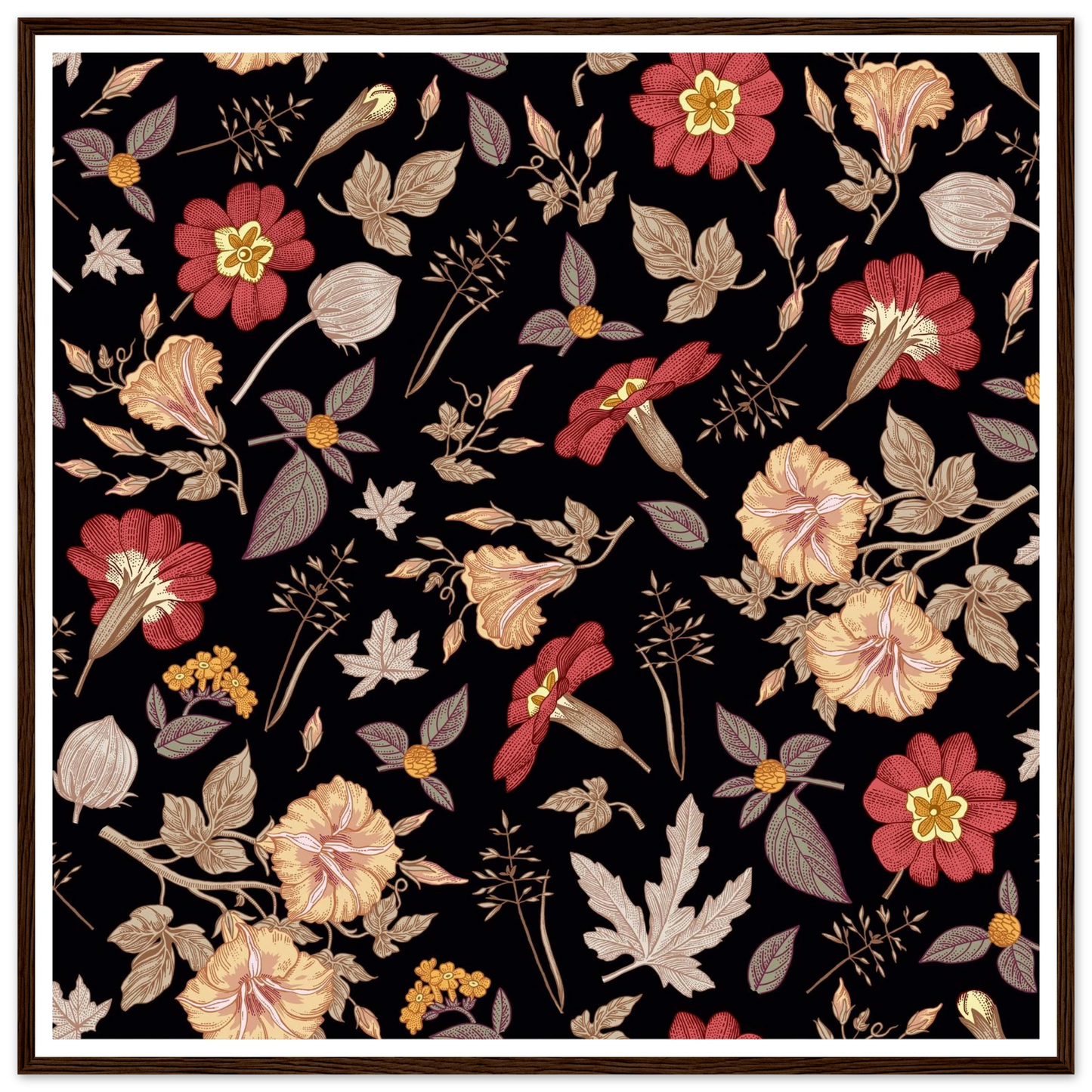 Faded Crimson Dark Vine Art Print | William Morris Inspired - Framed Poster - 30x30 cm / 12x12″ - Black frame