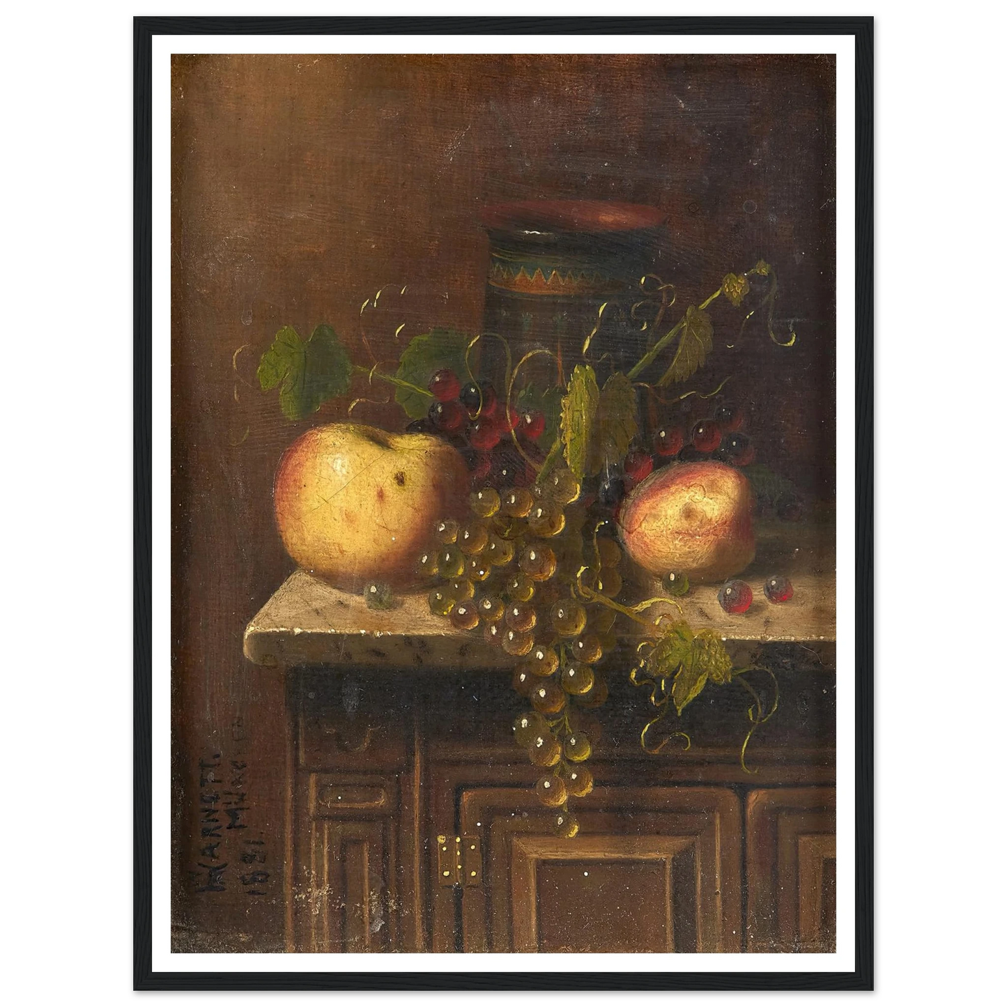 Still Life with Egyptian Vase, Apples and Grapes on a Marble Top Console (1881) Art Print | William Michael Harnett-Quipham Collections