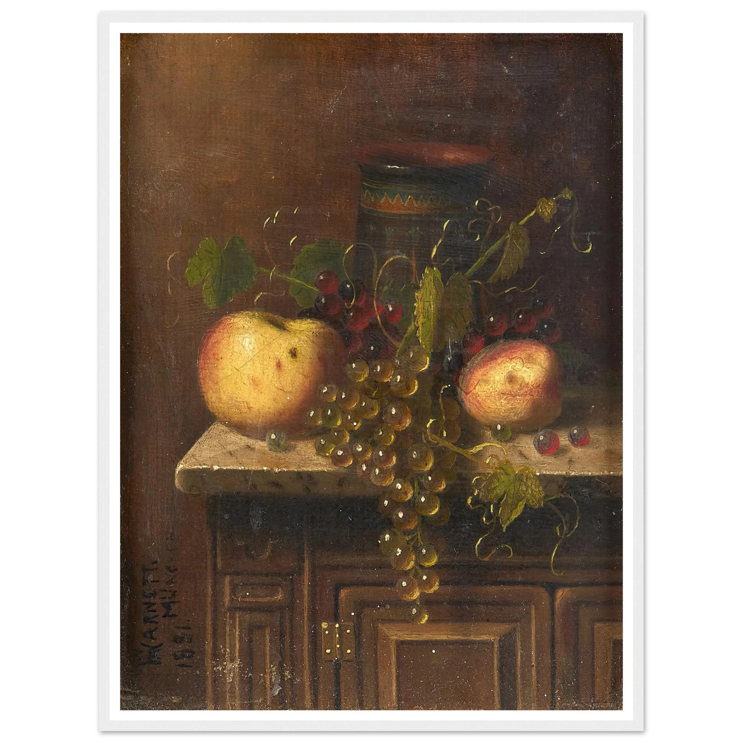 Still Life with Egyptian Vase, Apples and Grapes on a Marble Top Console (1881) Art Print | William Michael Harnett-Quipham Collections