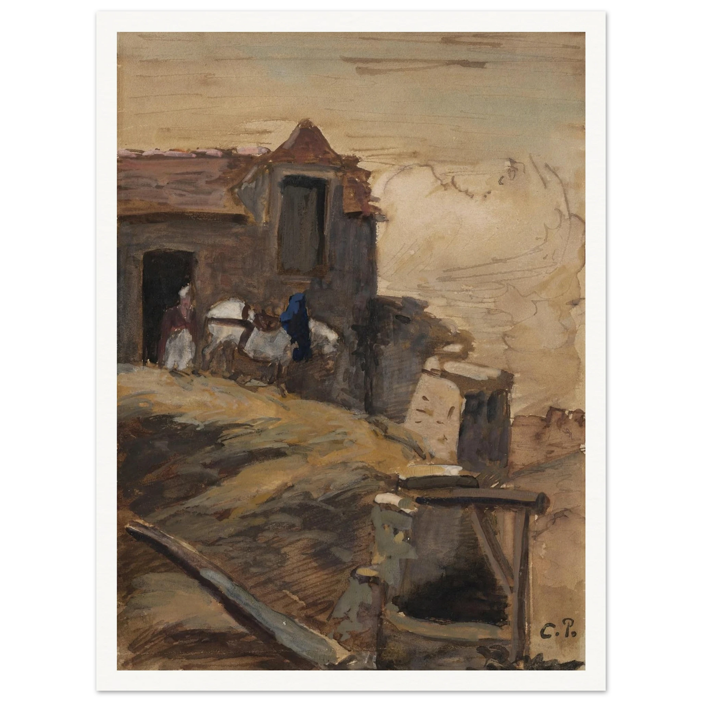 Cheval blanc devant une ferme (circa 1861-64) Art Print | Camille Pissarro-Quipham Collections