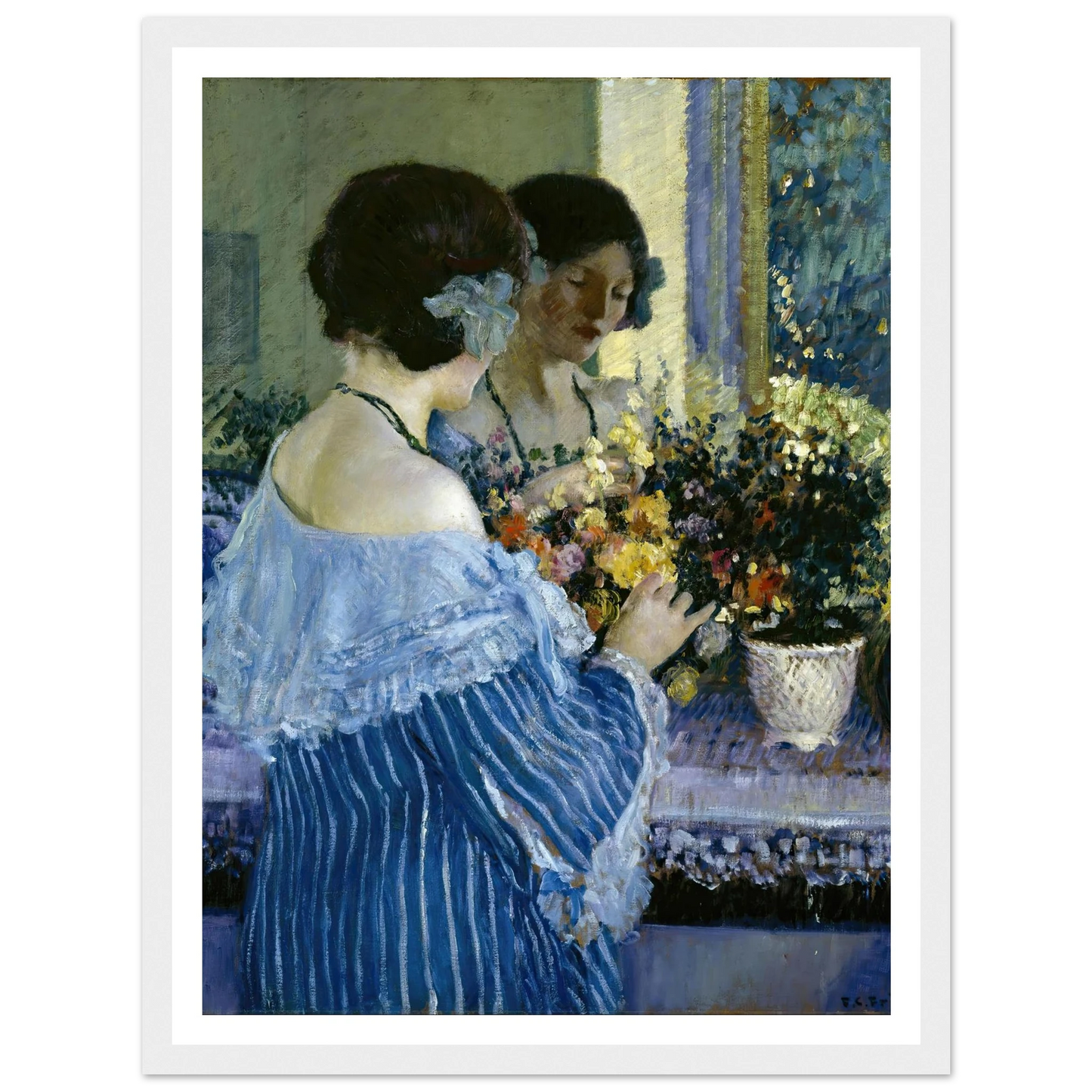 Girl in Blue Arranging Flowers (1915) Art Print | Frederick Carl Frieseke-Quipham Collections