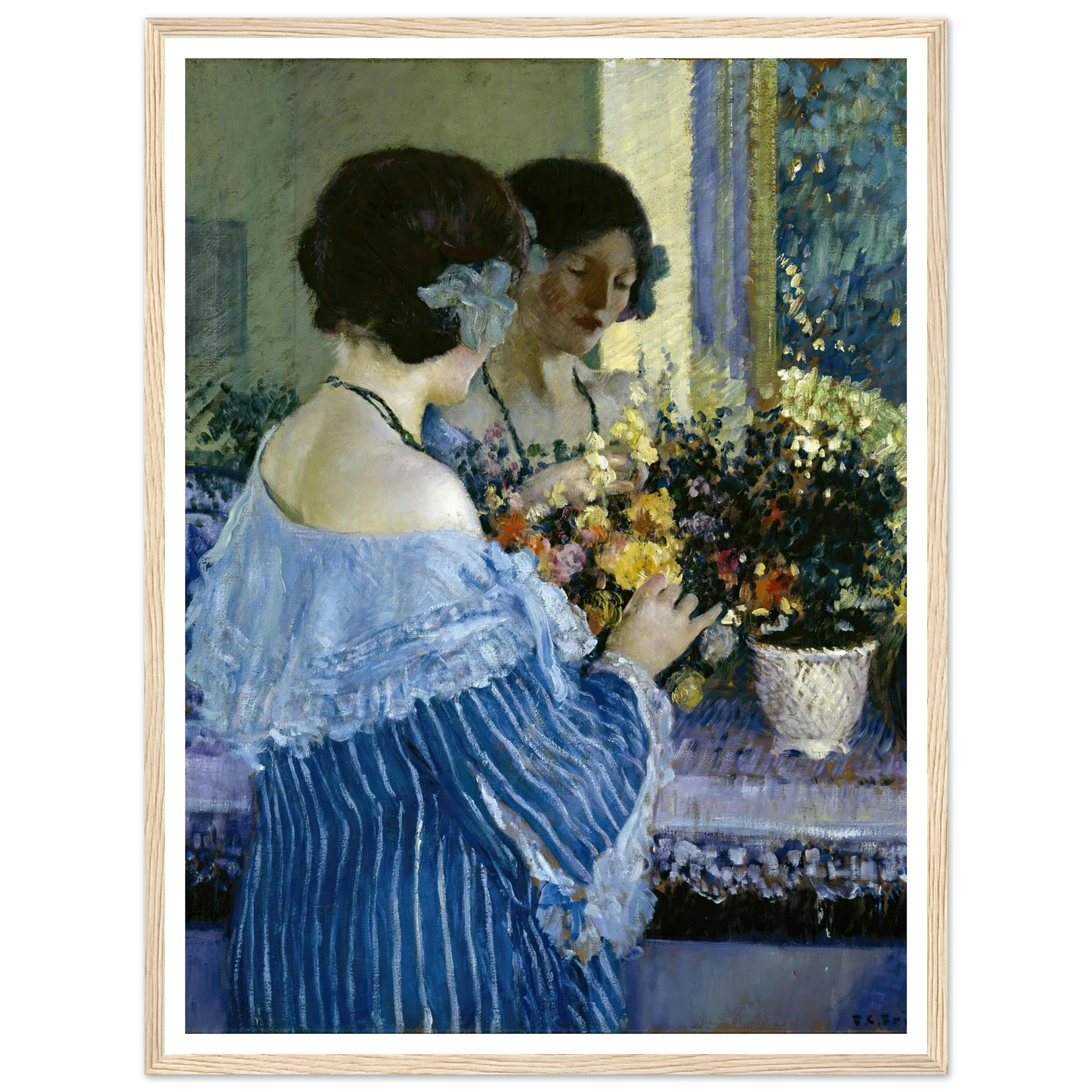 Girl in Blue Arranging Flowers (1915) Art Print | Frederick Carl Frieseke-Quipham Collections