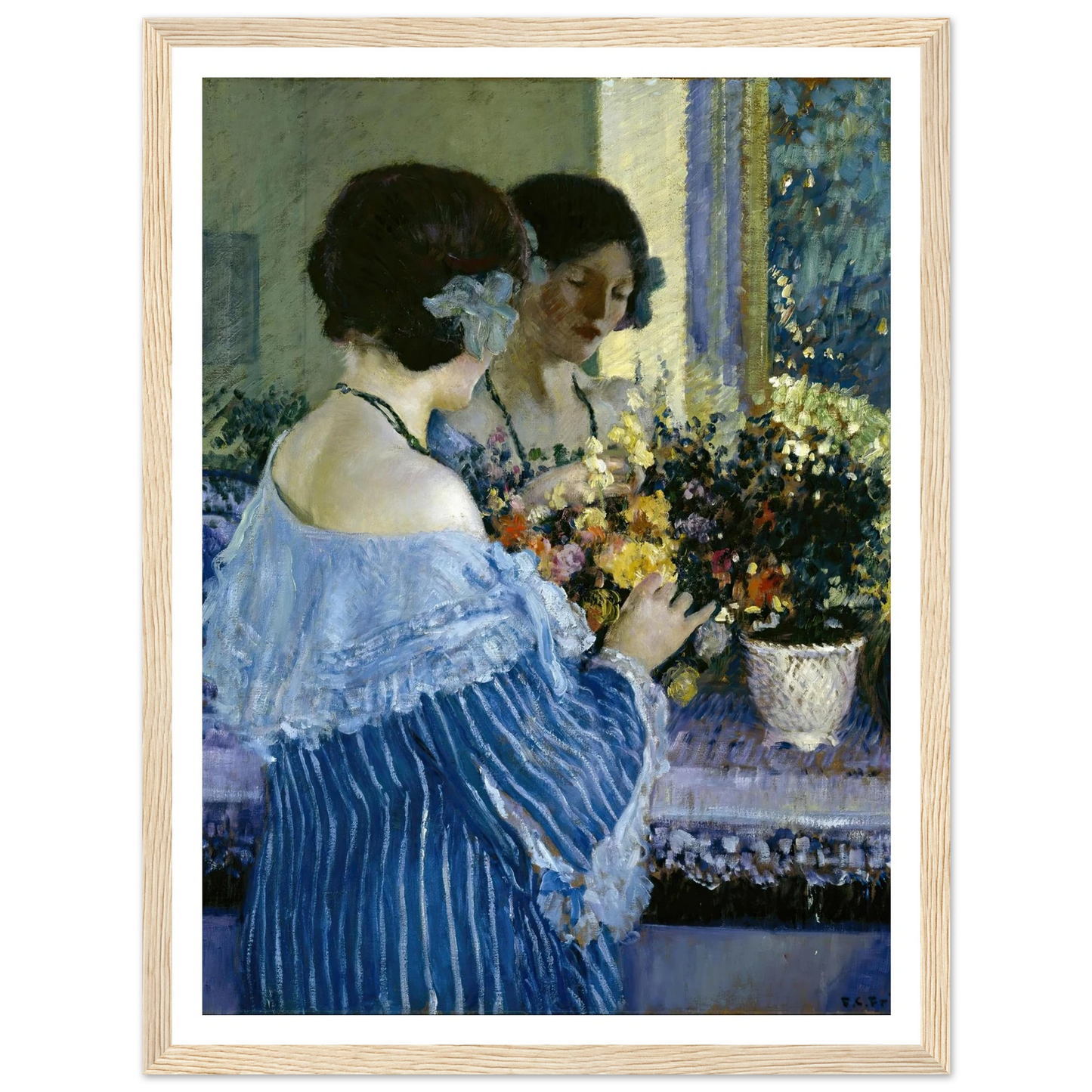 Girl in Blue Arranging Flowers (1915) Art Print | Frederick Carl Frieseke-Quipham Collections