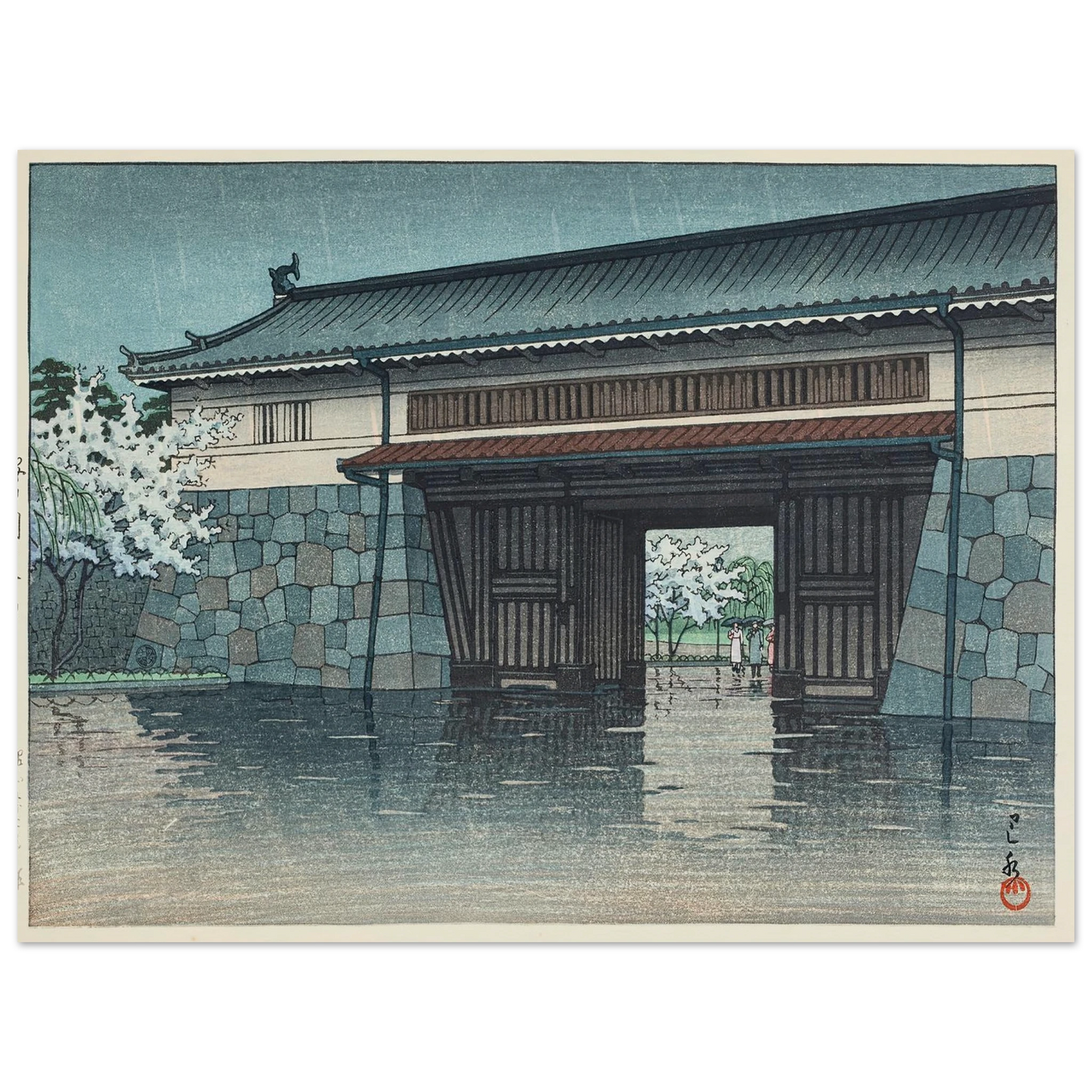 Sakuradamon no harusame (Spring rain at Sakurada Gate) (1952) Art Print | Kawase Hasui-Quipham Collections