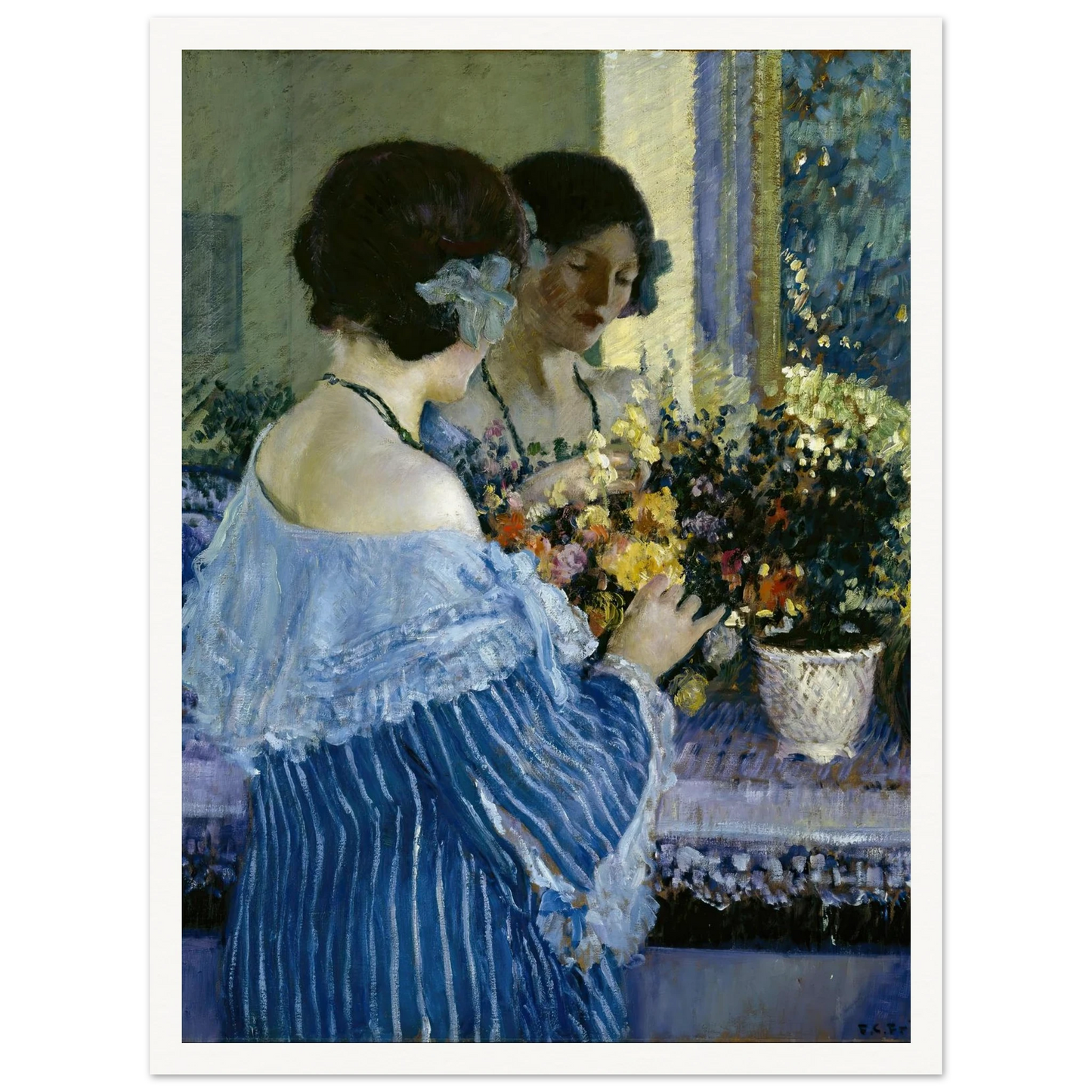 Girl in Blue Arranging Flowers (1915) Art Print | Frederick Carl Frieseke-Quipham Collections