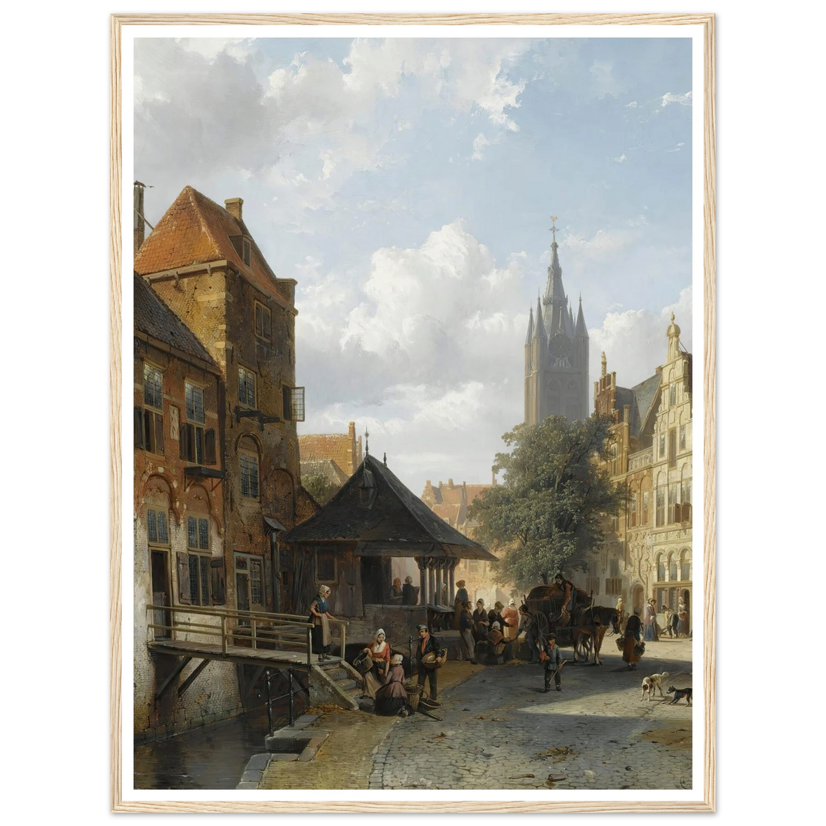 Figures At The Fish Market In Delft (1853) Art Print | Cornelis Springer - Framed Poster - 30x40 cm / 12x16″ - Black frame