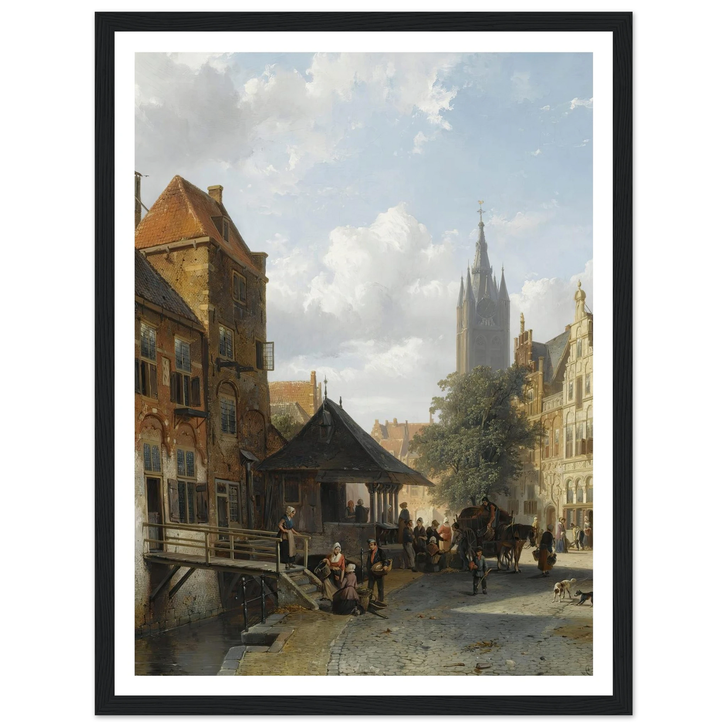 Figures At The Fish Market In Delft (1853) Art Print | Cornelis Springer - Framed Poster - 30x40 cm / 12x16″ - Black frame