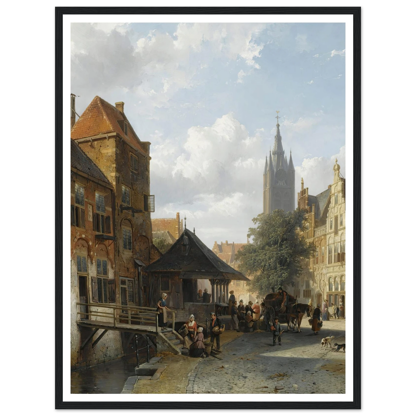 Figures At The Fish Market In Delft (1853) Art Print | Cornelis Springer - Framed Poster - 30x40 cm / 12x16″ - Black frame