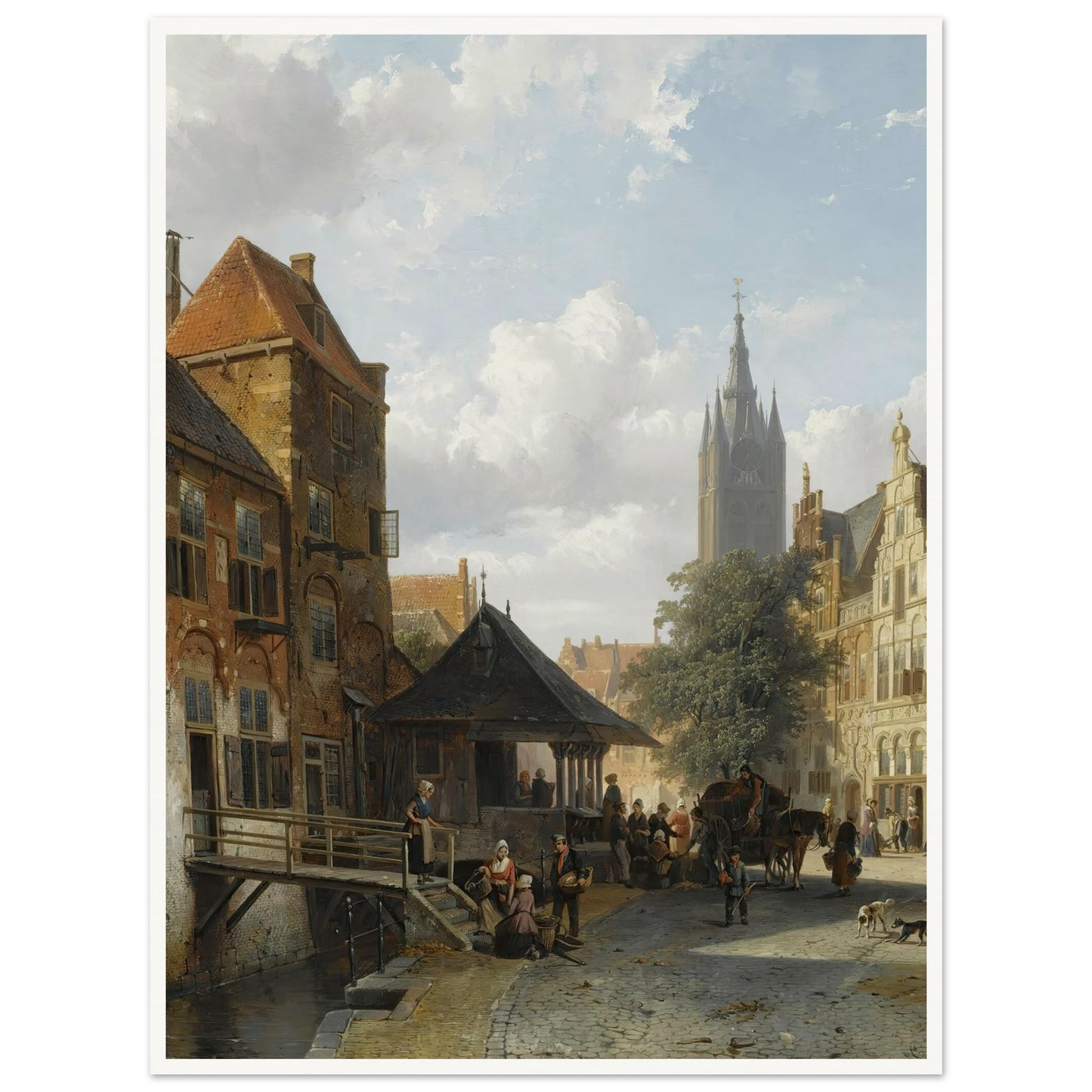 Figures At The Fish Market In Delft (1853) Art Print | Cornelis Springer - Framed Poster - 30x40 cm / 12x16″ - Black frame